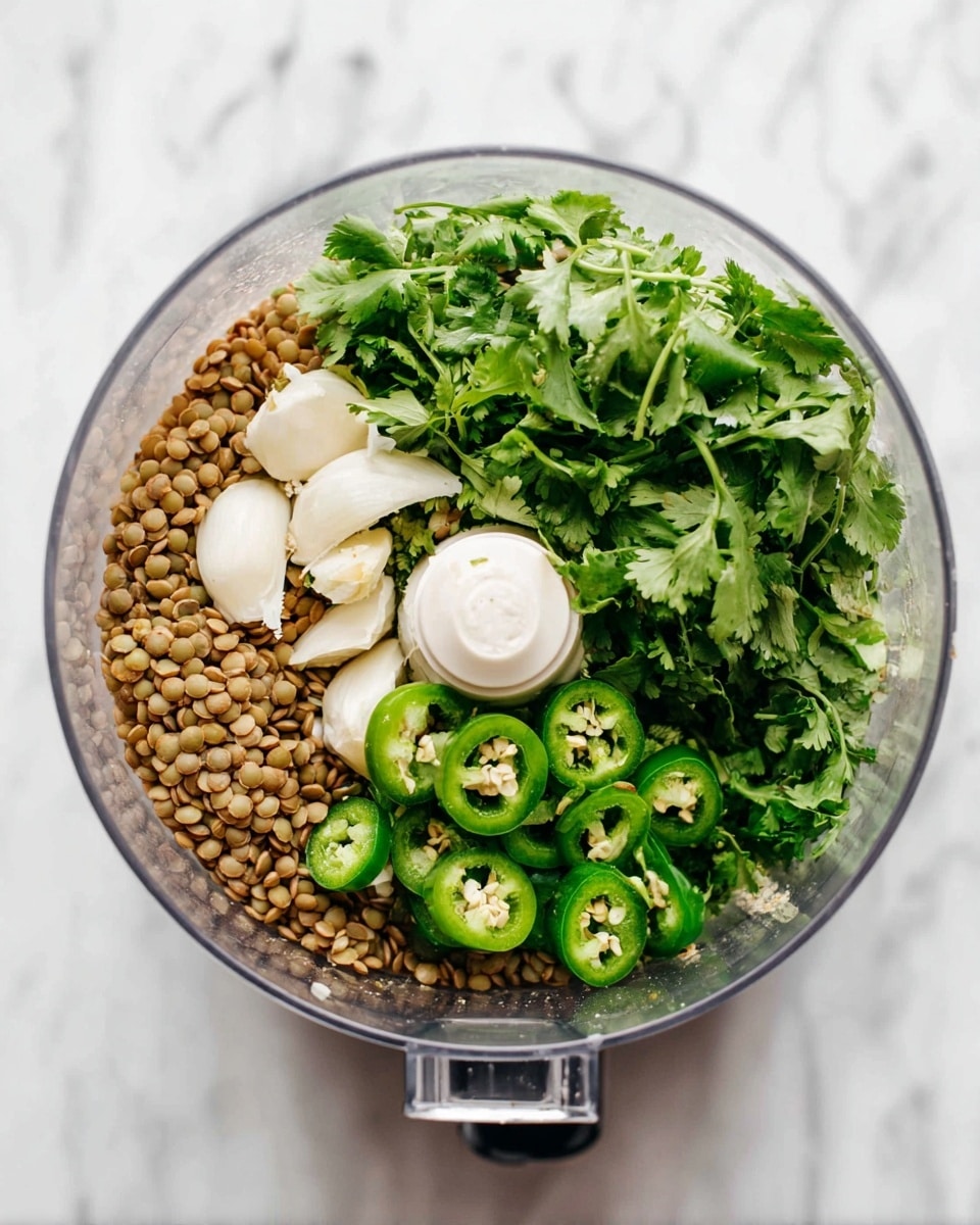A clear food processor bowl is shown from above, filled with three main layers of ingredients. At the bottom, there is a layer of small light brown lentils. On top of the lentils to the right, there are three slices of peeled white garlic cloves. Bright green jalapeño slices are placed on the left side of the lentils. The top layer is a large pile of fresh green cilantro leaves with stems. The bowl sits on a white marbled surface. photo taken with an iphone --ar 4:5 --v 7