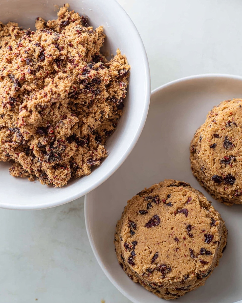 The image shows a close-up view of two round baked cookies and a bowl with cookie dough. The white bowl on the left is filled with chunky dough that has a rough texture mixed with small dark and reddish bits, giving it a dense, coarse look. To the right, a white plate holds two cookies, each one thick and round with a cracked surface revealing embedded dark chocolate or similar pieces and small reddish bits scattered throughout. The cookies have a firm but textured surface, and the background is a clean white marbled surface, making the warm brown color of the cookies stand out. Photo taken with an iphone --ar 4:5 --v 7