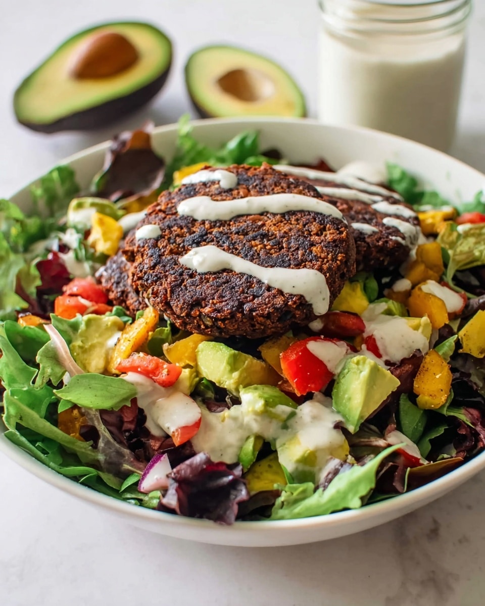 A white bowl on a white marbled surface holds a colorful salad with three main layers: the base layer is fresh mixed greens with leafy textures in dark and light green shades, the middle layer has chunky pieces of ripe avocado in bright green and diced yellow and red vegetables adding pops of color, and the top layer features two round, dark brown black bean patties with a rough, slightly charred texture. Light creamy dressing is drizzled over the patties and the vegetables, adding a soft white contrast. A halved avocado and a glass jar with more dressing are blurred in the background. Photo taken with an iphone --ar 4:5 --v 7