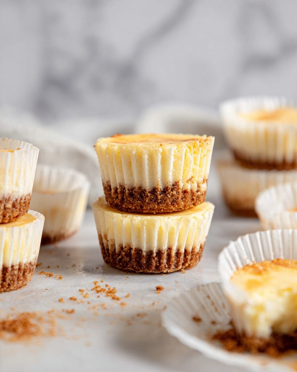 The image shows small cheesecakes in white paper cups, placed on a white marbled surface. Each cheesecake has two visible layers: a bottom layer of crumbly, brown crust and a top layer of smooth, creamy light yellow cheese. One cheesecake is stacked on top of another in the center, while several empty or partially eaten cups with brown crumbs are scattered around them. The background is softly blurred with a white marbled texture. photo taken with an iphone --ar 4:5 --v 7