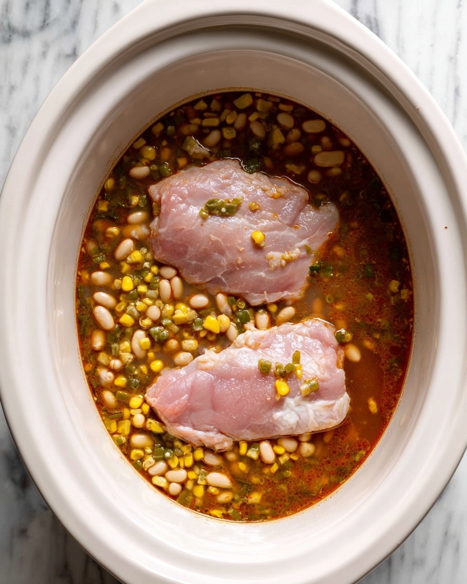 A white slow cooker bowl contains two raw pale pink pieces of meat resting on top of a rich brown broth filled with small beige beans, bright yellow corn kernels, and small green vegetable pieces. The broth has slight oil glistening on the surface, and the beans and vegetables are spread evenly throughout. The inside edge of the bowl is smooth and glossy, with the bowl sitting on a white marbled surface. Photo taken with an iphone --ar 4:5 --v 7