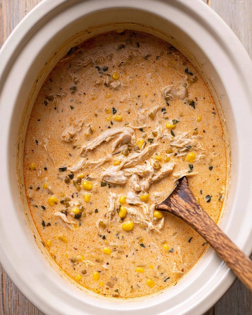 A close-up view inside a white slow cooker filled with thick creamy soup that has a light orange color with visible spices. The soup contains shredded white meat pieces, small yellow corn kernels, pale beans, and dark green pepper bits spread throughout. A wooden spoon with a textured handle rests inside the soup on the left side, partially submerged. The slow cooker is placed on a light wooden textured surface photo taken with an iphone --ar 4:5 --v 7