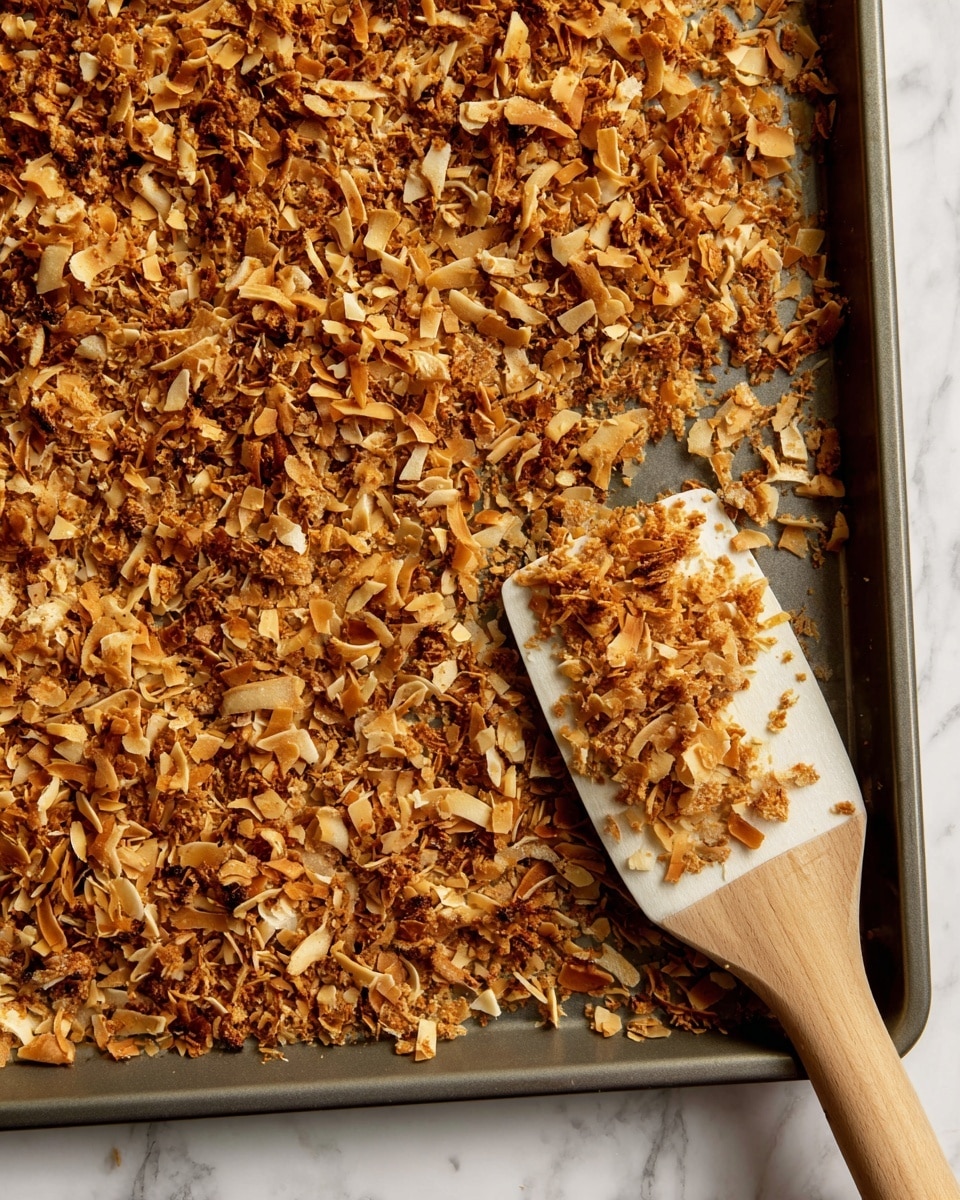 The image shows a baking tray filled with a single uneven layer of small, shredded pieces of cooked food that are golden brown and slightly crispy. The pieces vary in size and color, with some lighter and some more browned, giving a crunchy and textured look. On the right side of the tray, a beige spatula with a wooden handle holds some of the shredded pieces, slightly lifting them. The tray is placed on a surface with a white marbled texture. photo taken with an iphone --ar 4:5 --v 7