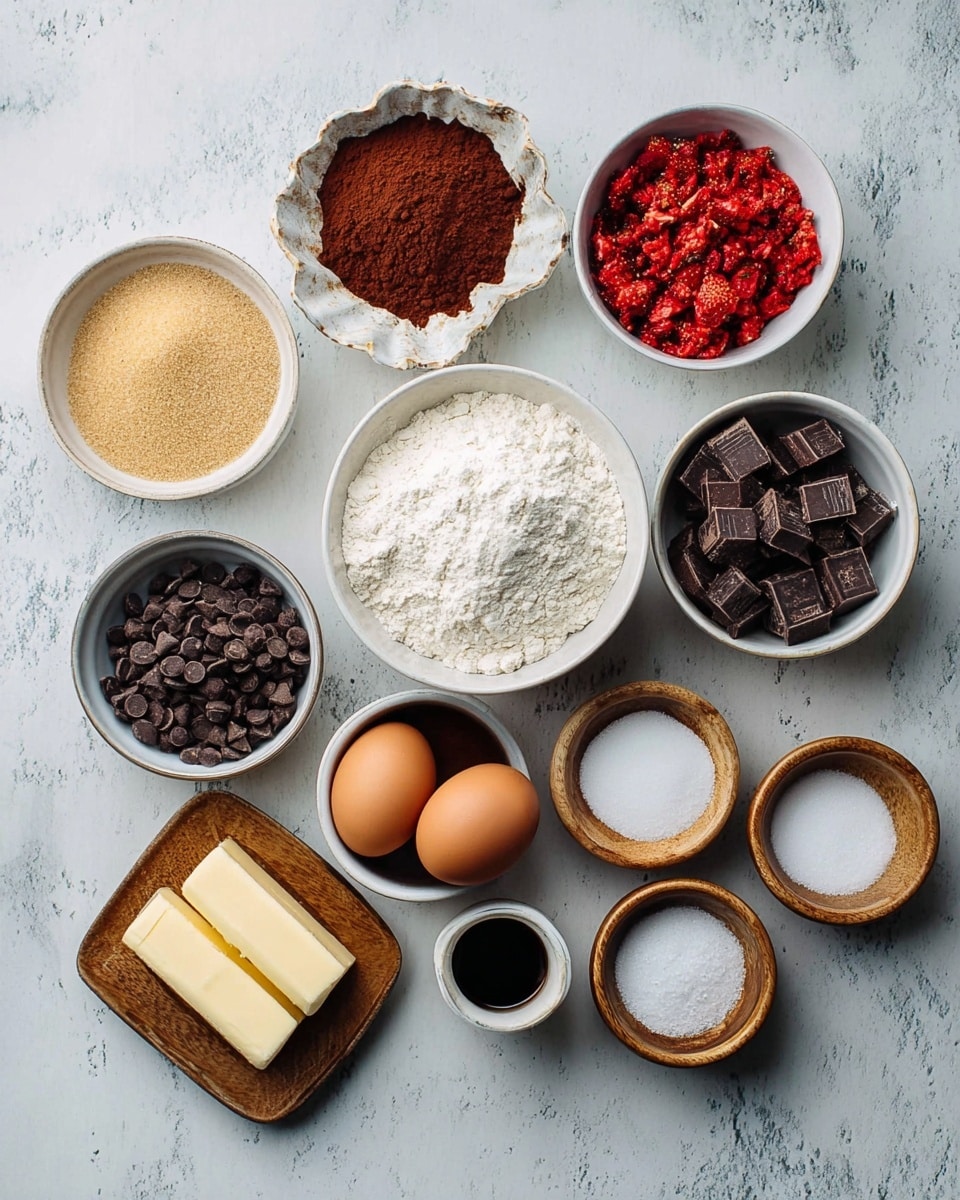 Several small white bowls filled with ingredients are laid out on a white marbled surface. In the middle, there is a bowl of white flour. To the right of it, a white bowl with red dried strawberry pieces. Above the flour is a bowl with square dark chocolate chunks and next to it a bowl of small dark chocolate chips. To the left of the flour is a bowl with light brown sugar and above it a bowl filled with cocoa powder. Below the brown sugar, there is a bowl of white sugar. At the bottom center on a small wooden tray, there are two whole brown eggs and a small white cup with dark vanilla extract. To the right side, two sticks of pale yellow butter are placed next to four small wooden bowls containing a white powder, white salt, black powder, and white powder. A rough seashell bowl with coarse white salt is at the bottom left. photo taken with an iphone --ar 4:5 --v 7