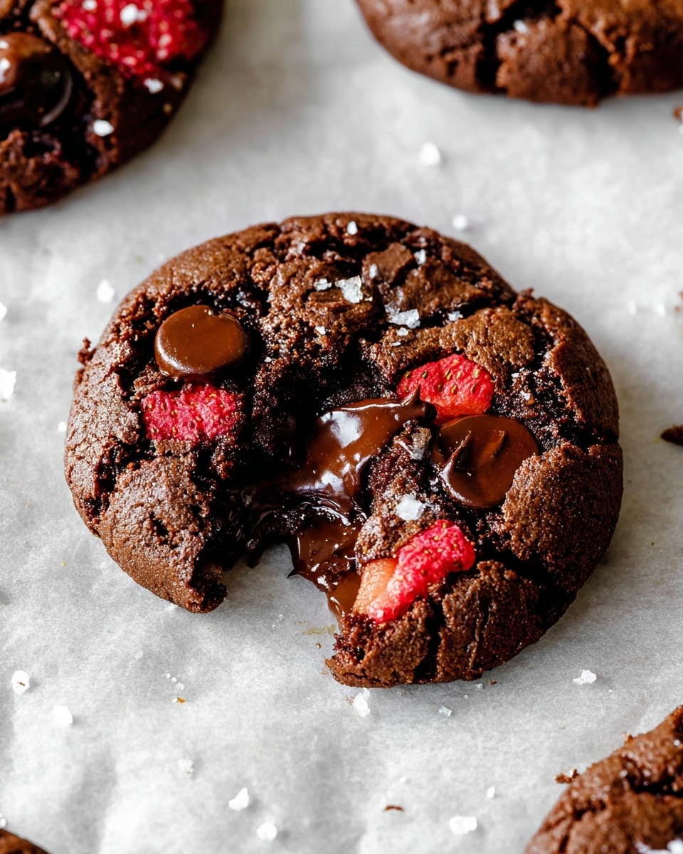 A close-up of a single round chocolate cookie with a cracked top, showing a soft and rich dark brown center. The cookie has shiny dark chocolate chips embedded in the surface and pieces of dried red strawberries scattered on top. A small slice is broken off, exposing gooey melted chocolate inside. The cookie rests on white parchment paper with a white marbled texture visible underneath. Small flakes of white salt are sprinkled on the cookie, adding texture and contrast. Photo taken with an iphone --ar 4:5 --v 7