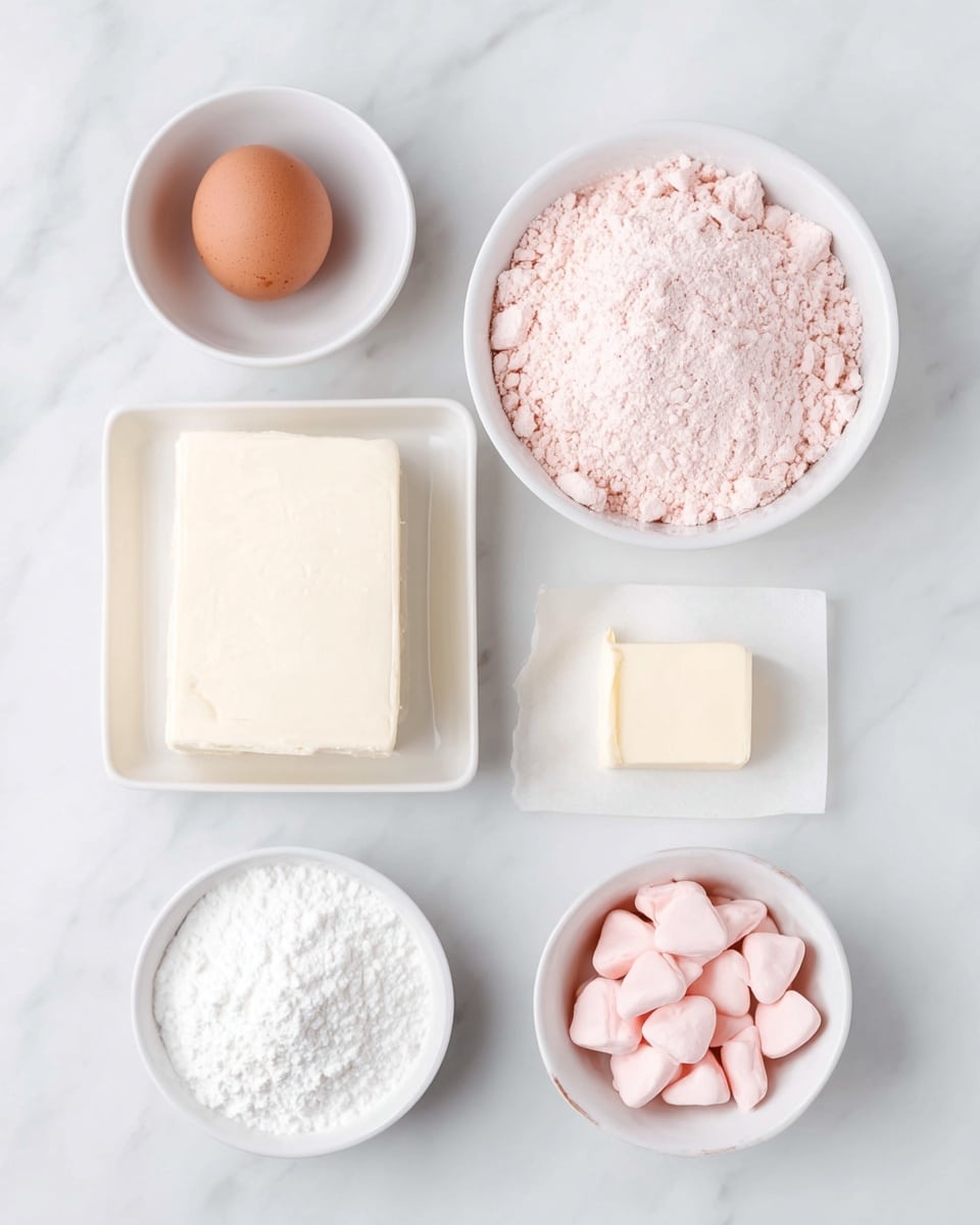 The image shows six white containers with different baking ingredients on a white marbled surface. On the top left, there is a small bowl holding a single brown egg. To the right, a larger bowl is filled with light pink powder that looks soft and fine. In the center left, a rectangular white dish holds a block of cream cheese with a smooth texture. To the right of it, a small piece of butter sits on a small white square paper. Below, in the bottom left, a small white bowl is filled with white powdered sugar that is fluffy and light. Finally, on the bottom right, a small bowl contains several pale pink candy-like pieces, smooth and shaped like small drops or kisses. photo taken with an iphone --ar 4:5 --v 7