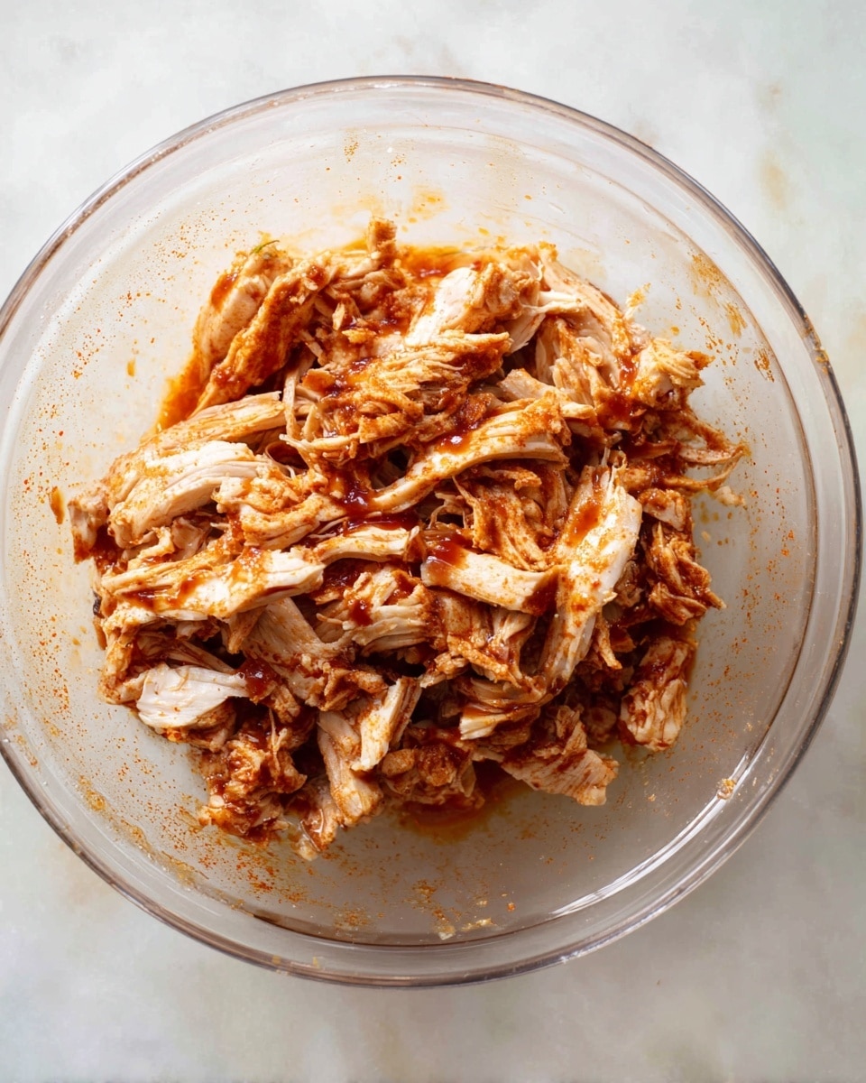 A clear glass bowl sits on a white marbled surface, filled with shredded white meat pieces covered in a reddish-brown sauce and sprinkled with red seasoning powder. The shredded pieces vary in size and have a slightly fibrous texture, while the sauce adds a glossy, moist look on top. The light hits the bowl from above, showing the rich color of the sauce and the soft white meat beneath it photo taken with an iphone --ar 4:5 --v 7