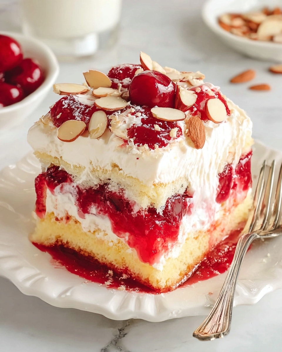 A square piece of layered dessert is shown on a white scalloped plate, sitting on a white marbled surface. The bottom layer is light yellow sponge cake soaked slightly, topped with a thick layer of red cherry jelly with whole cherries visible. Above the jelly is a thick creamy white layer, followed by another sponge cake layer also soaked and layered with the same red cherry jelly. The topmost layer is a smooth white cream sprinkled with thin, sliced almonds and whole cherries, giving a textured look. A silver fork lays to the right of the plate. Photo taken with an iphone --ar 4:5 --v 7
