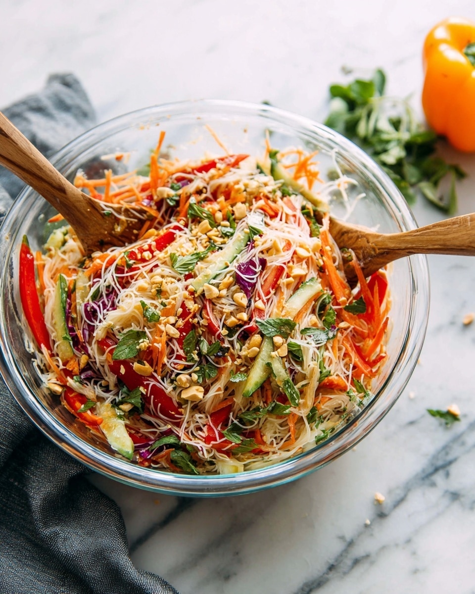 A white bowl filled with thin, light yellow noodles forms the base layer, topped with thin strips of bright orange carrots, red bell peppers, and green cucumbers scattered evenly. Shreds of purple cabbage and small green herb leaves are mixed and sprinkled on top. Small nut pieces add texture, scattered across the dish. The bowl is placed on a white marbled surface with a blue textured cloth on the left, an orange bell pepper on the right, and fresh green mint leaves on a wooden board at the bottom right corner. photo taken with an iphone --ar 4:5 --v 7