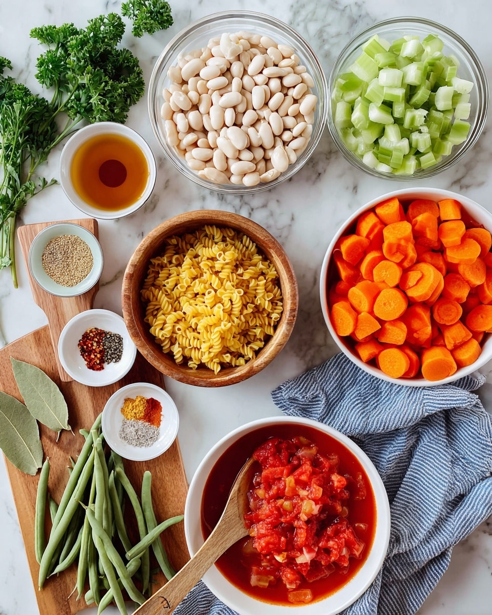 A top view of ingredients arranged neatly on a white marbled surface including a clear bowl with white beans, another clear bowl with chopped light green celery, a white bowl full of bright orange carrot slices, and a white bowl holding red chunks of tomatoes with juice, placed on a blue-striped cloth. In the center, a wooden bowl contains small yellow pasta with a wooden spoon resting inside. Fresh green beans lie next to a yellow onion and a wooden cutting board with two dried bay leaves. Small white and wooden dishes hold various dried spices including dried herbs, red pepper flakes, and salt. Fresh green parsley leaves are placed on the top left. Photo taken with an iphone --ar 4:5 --v 7