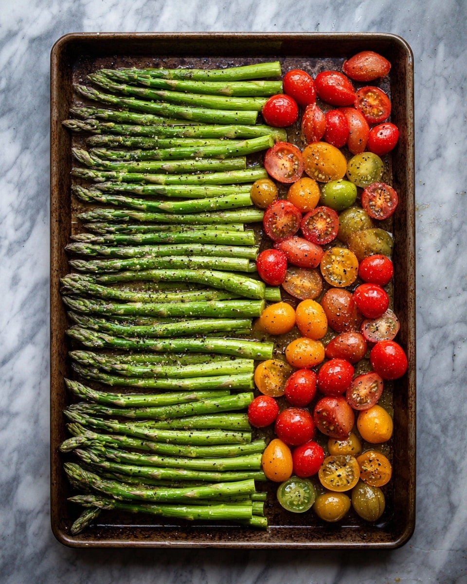 A rectangular baking tray filled with two main sections: on the left, there are about three neat rows of fresh green asparagus spears with smooth, firm textures, sprinkled with black pepper and glistening with oil. On the right side, there is a colorful mix of halved cherry tomatoes in red, yellow, and orange shades, also shiny with oil and sprinkled with pepper. The tray has a slightly textured surface, and the entire setup is viewed from above on a white marbled background. photo taken with an iphone --ar 4:5 --v 7
