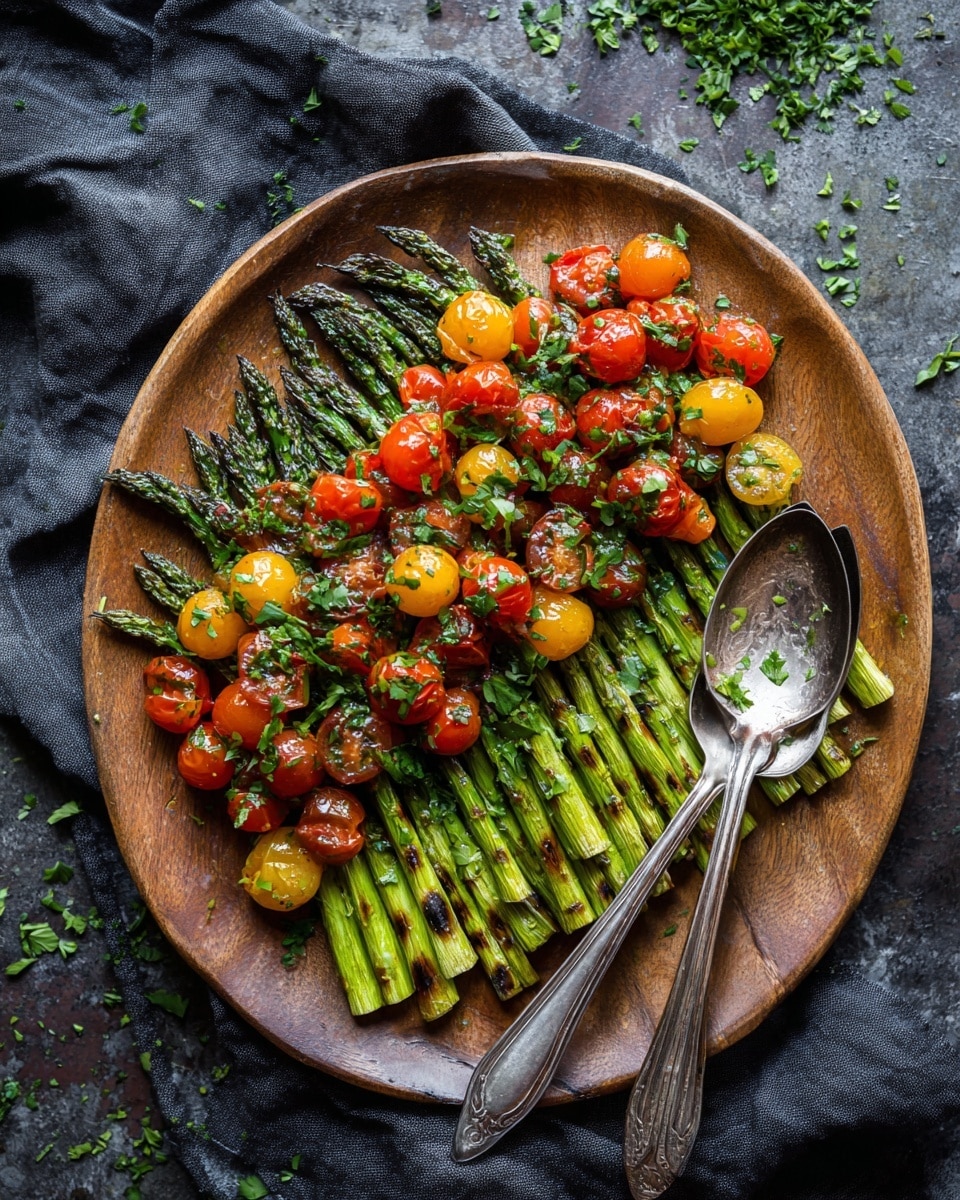 A wooden round plate holds two layers of food arranged neatly: the bottom layer is a bed of grilled green asparagus spears laid side by side, showing slight char marks and a glossy texture; the top layer consists of halved cherry tomatoes in red, orange, and yellow shades, mixed with small onion pieces, all garnished with chopped fresh green herbs scattered over the top. Two long silver serving spoons rest on the right side of the plate. The plate is set on a dark cloth on a dark, textured surface with some green herbs scattered around. photo taken with an iphone --ar 4:5 --v 7