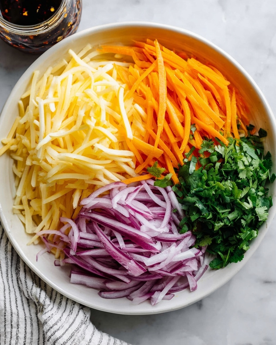 A white bowl with four sections of fresh, thinly sliced ingredients arranged side by side: pale yellow shredded mango at the top left, bright orange thin carrot strips at the top right, pale purple thinly sliced red onions at the bottom right, and chopped bright green cilantro at the bottom left. The bowl rests on a white marbled surface, with a glimpse of a jar of dark sauce in the background and a striped white towel nearby. photo taken with an iphone --ar 4:5 --v 7