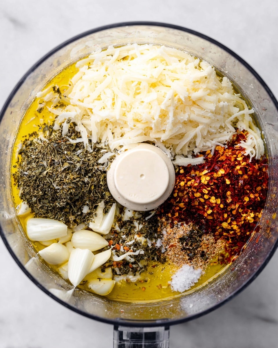 A clear food processor bowl is filled with layers of ingredients, starting with a base of golden olive oil spread evenly on the bottom. On one side, there are thin white slices of garlic, next to a mound of shredded white cheese, likely Parmesan. Opposite the cheese, there is a mixture of dry spices including a heap of green dried herbs, a pile of red chili flakes with some yellow seeds, and a sprinkle of coarse black pepper and salt. The ingredients are arranged neatly around the center blade inside the transparent bowl, all sitting on a white marbled surface photo taken with an iphone --ar 4:5 --v 7