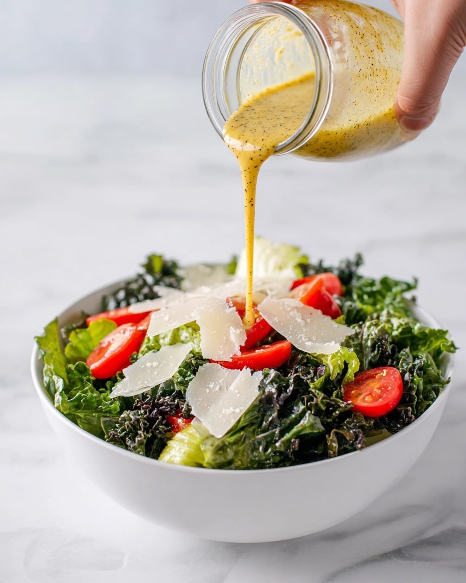 A white bowl filled with a fresh salad on a white marbled surface holds a mix of dark green leafy kale and lighter green romaine lettuce as the bottom layer. On top, bright red cherry tomato halves are scattered around, along with thin, off-white shavings of cheese. Above the salad, a woman's hand is pouring a yellow mustard-colored dressing, flecked with black spices, from a clear glass jar directly onto the salad. The light and clean setting emphasizes the fresh, colorful ingredients. photo taken with an iphone --ar 4:5 --v 7