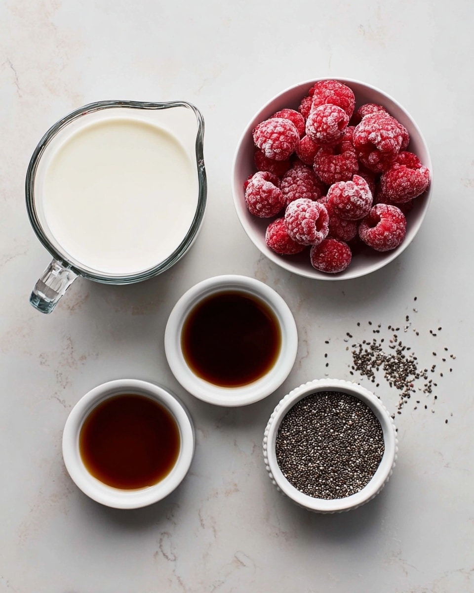 The image shows five containers on a white marbled surface. On the left, there is a clear glass measuring cup filled with white milk. To its right, there are two small white bowls, each containing a dark brown liquid that looks like vanilla extract, placed diagonally with some space between them. Next to the top bowl, there is another small white bowl filled with red frozen raspberries that are covered with frost. Below this bowl, a small white bowl holds many tiny black chia seeds. The chia seeds are also scattered lightly on the white marbled surface around the bowls. Photo taken with an iphone --ar 4:5 --v 7