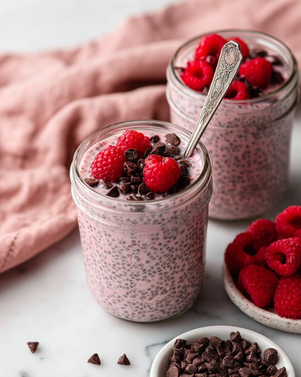 There is a clear glass jar filled with a light pink chia seed pudding that shows tiny black chia seeds spread evenly throughout. On top of the pudding, there are bright red raspberries and small dark chocolate chips scattered, with a vintage silver spoon standing inside the jar. Next to it, there is another similar jar with the same pudding and toppings. Around the jars, there are scattered dark chocolate chips and fresh raspberries on a white dish. The setting is on a white marbled surface with a soft pink cloth in the background. Photo taken with an iphone --ar 4:5 --v 7