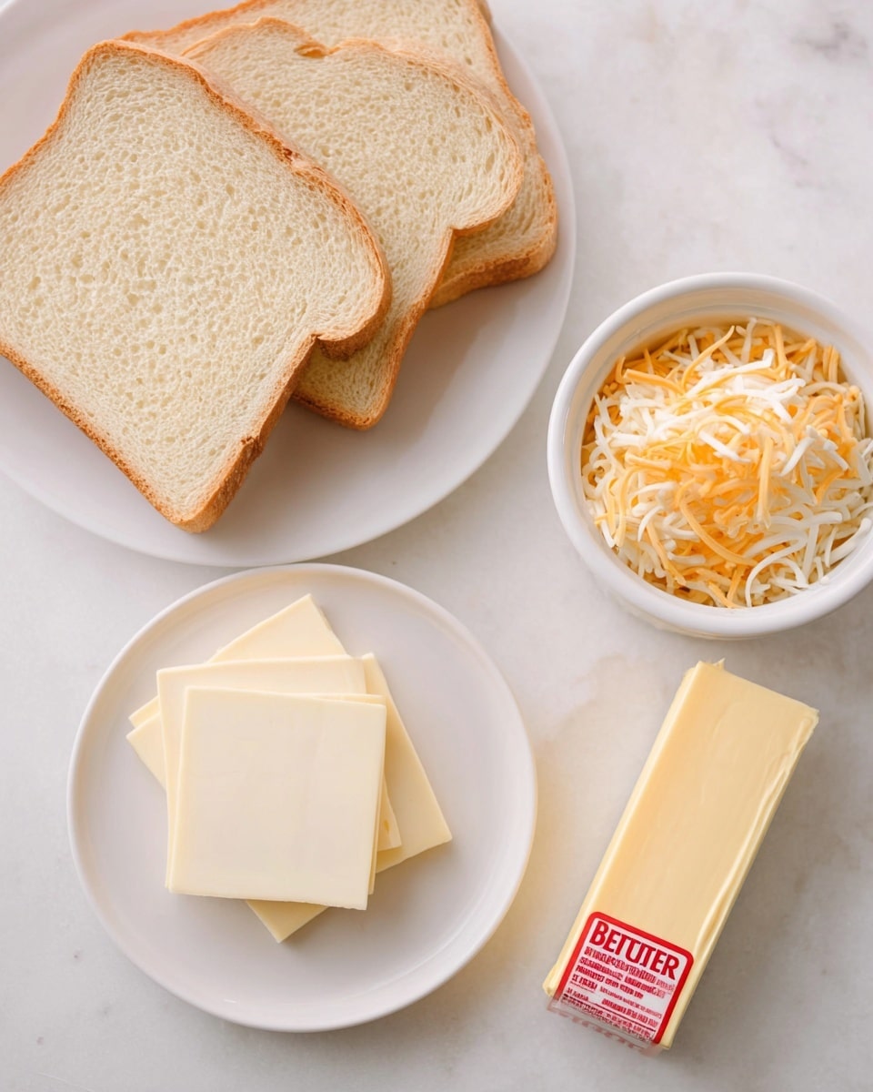 The image shows three slices of light brown bread with a soft texture placed on a white plate in the upper left part of the photo. Below and slightly right, there is a small white plate with four square slices of white processed cheese stacked neatly. To the right of the cheese plate, there is a stick of unsalted butter with a light yellow color and red text on the wrapper, placed directly on the white marbled surface. In the upper right corner, a white ramekin bowl filled with shredded cheese in a mix of white and pale orange colors sits on the same white marbled surface. The whole scene is clean and bright with soft natural lighting, photo taken with an iphone --ar 4:5 --v 7