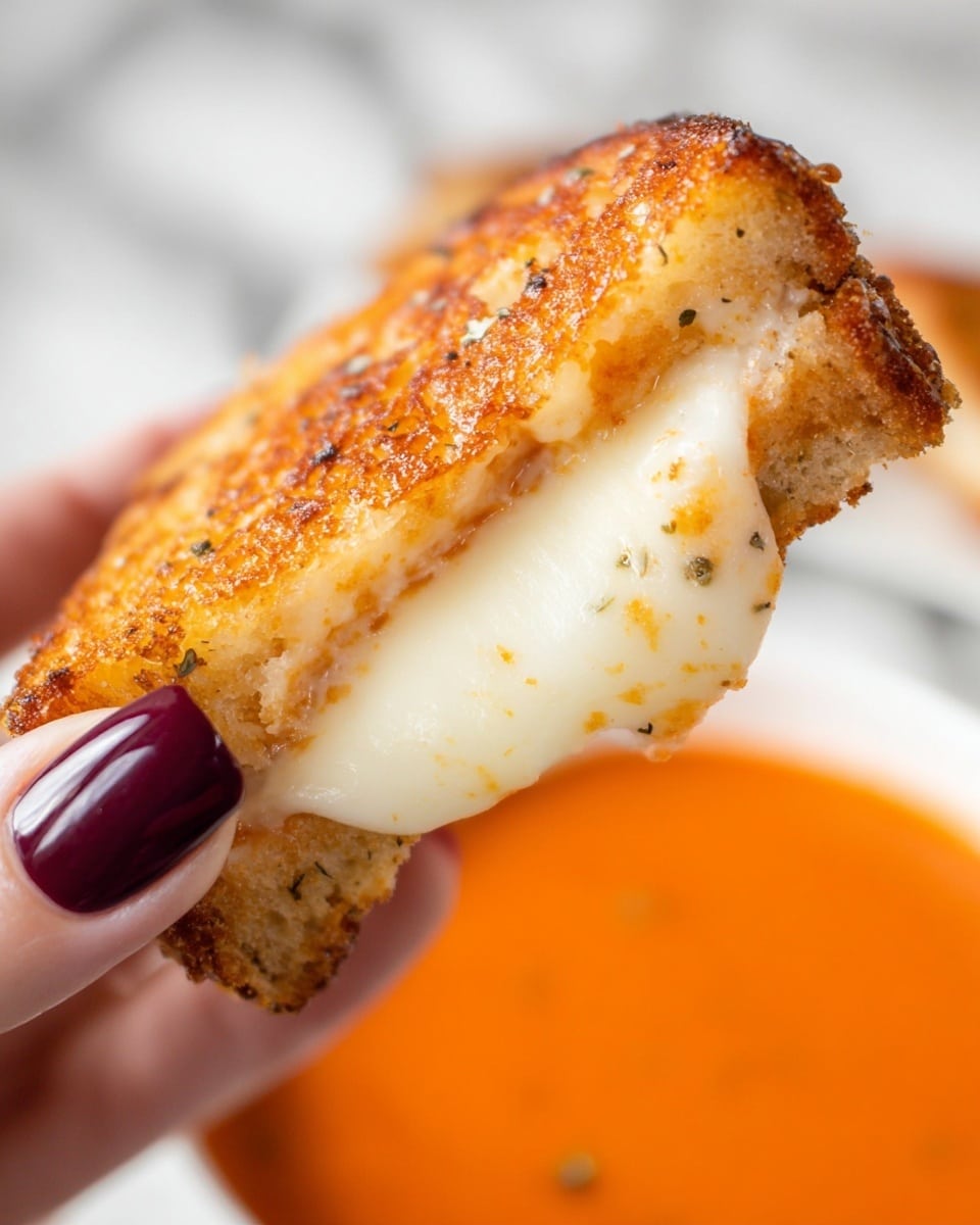 A close-up view of a toasted sandwich finger held by a woman's hand with dark purple painted nails; the sandwich shows two main layers—one outer crispy golden-brown toasted bread layer with a slightly rough texture and some herbs, and an inner creamy, melted white cheese layer stretching inside; in the blurred background, there is a white bowl filled with smooth orange tomato soup on a white marbled surface. photo taken with an iphone --ar 4:5 --v 7