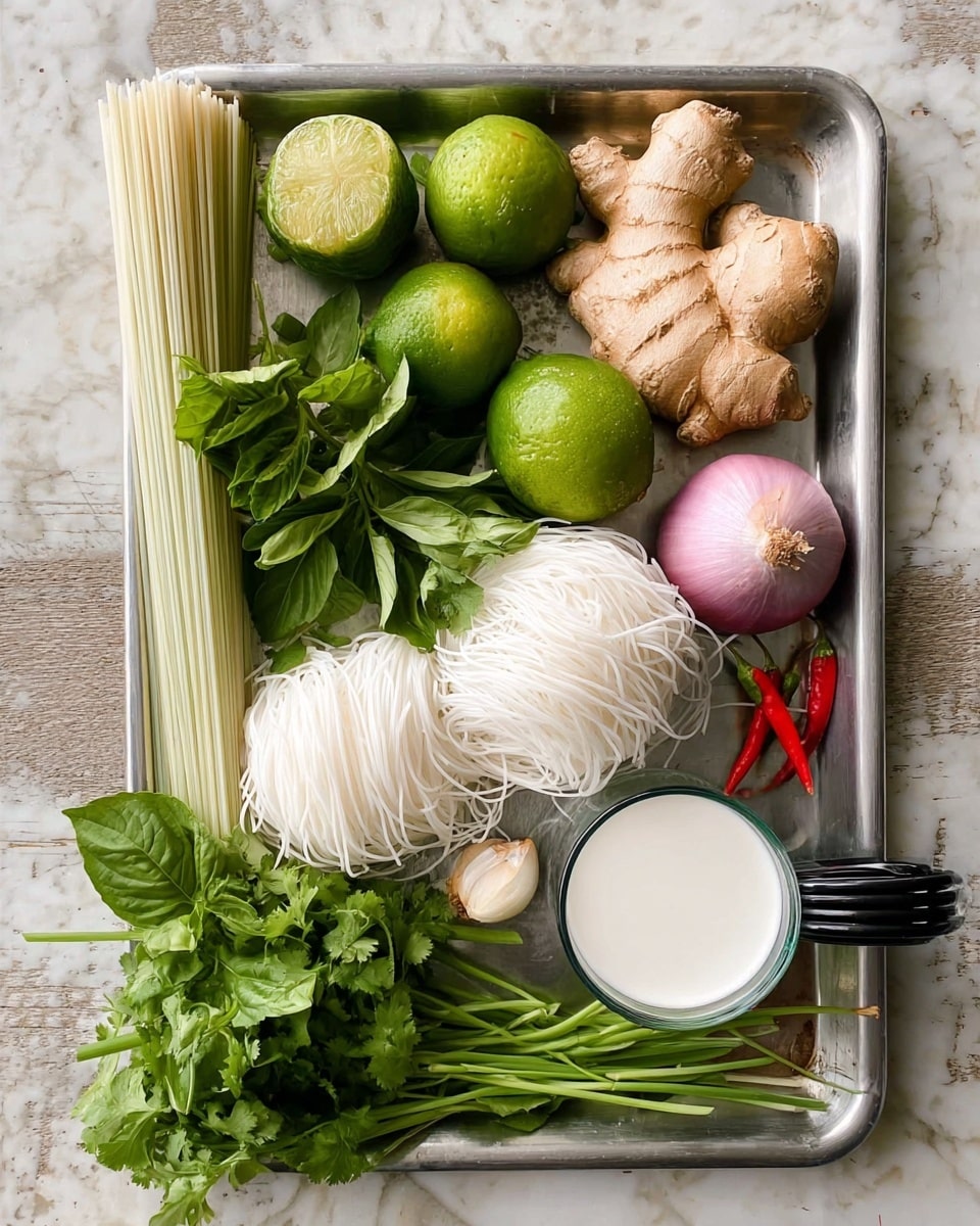 A silver tray filled with fresh ingredients sits on a white marbled surface. On the tray, there is a large piece of ginger in light brown, placed towards the upper right corner, surrounded by four bright green limes. Two light purple shallots and three small white garlic bulbs lie near the ginger. Two bundles of white rice noodles are positioned on the left side, one vertical and one horizontal. A long, pale green lemongrass stalk spans diagonally across the tray. Fresh green herbs, including cilantro and basil, occupy the lower left corner beneath a metal measuring cup with a black handle. At the bottom right, there is a clear glass filled with white coconut milk next to green onions and two small red chili peppers. photo taken with an iphone --ar 4:5 --v 7