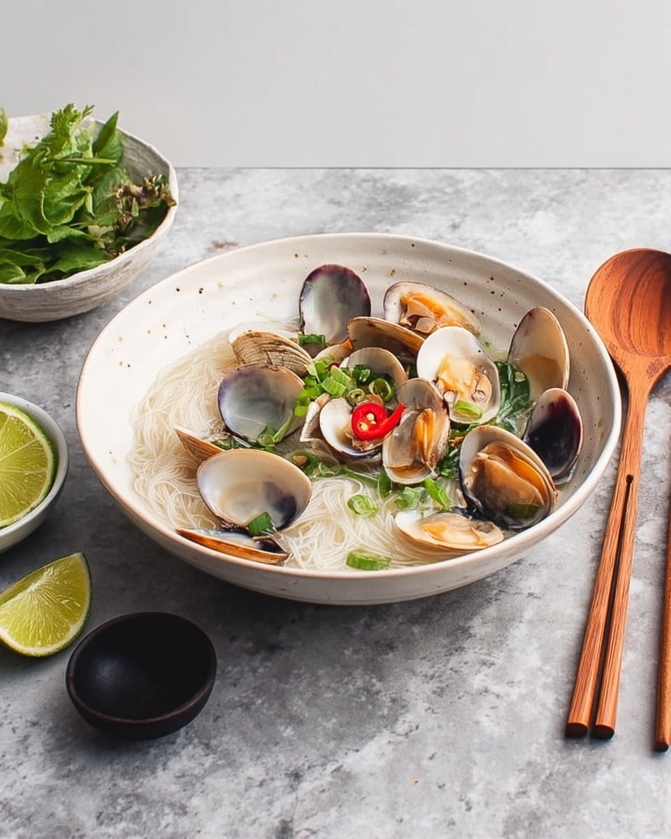 A white bowl filled with clear broth and a layer of thin, translucent rice noodles at the bottom. On top of the noodles, there are many clam shells, some open showing soft, light orange clam meat inside. Bright green basil leaves and chopped green onions are scattered over the clams, with a small piece of red chili pepper adding color. The bowl sits on a white marbled surface, next to a sliced lime, wooden brown chopsticks, and a wooden spoon with a black bowl. In the background, there is a small white bowl with fresh green herbs. Photo taken with an iphone --ar 4:5 --v 7
