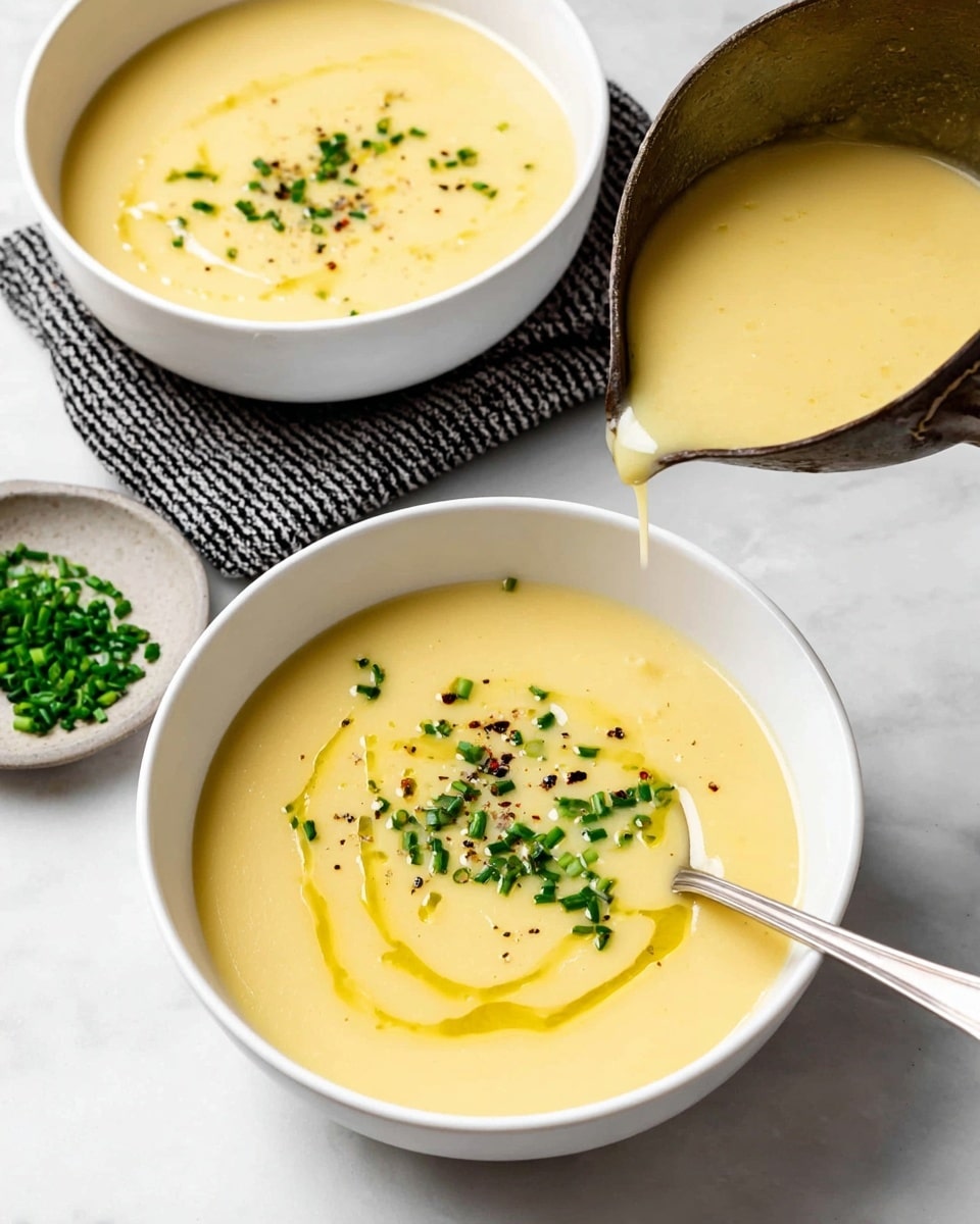 Two white bowls filled with smooth, creamy light yellow soup are shown on a white marbled surface. The bowl in the foreground has a few swirls of oil, small chopped green chives scattered on top, and some black pepper flakes, with a spoon resting inside the bowl. The bowl in the background has a ladle pouring more of the soup into it. A black and white cloth is next to the bowls, along with a small plate with more chopped green chives. Photo taken with an iphone --ar 4:5 --v 7