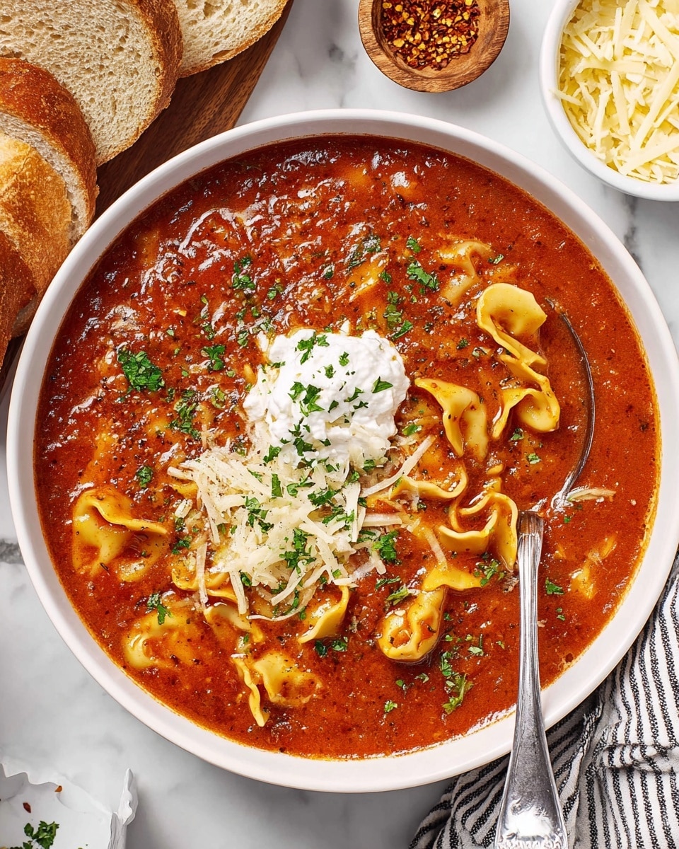 The dish is a rich, layered lasagna soup served in a white pan with a wooden spoon partially submerged on the right side. The base layer is a thick, dark reddish-brown tomato sauce with visible small meat chunks and herbs throughout, filling almost the entire pan. On top of the sauce, broken pieces of curly-edged lasagna noodles float, partly covered by melted cheese. The cheese layer includes a mix of shredded light-yellow mozzarella and white ricotta, spread unevenly but generously over the soup. Fresh green parsley and red chili flakes are sprinkled on top, adding a pop of color. The pan sits on a white marbled surface, with small bowls of red chili flakes and other ingredients nearby. Photo taken with an iphone --ar 4:5 --v 7