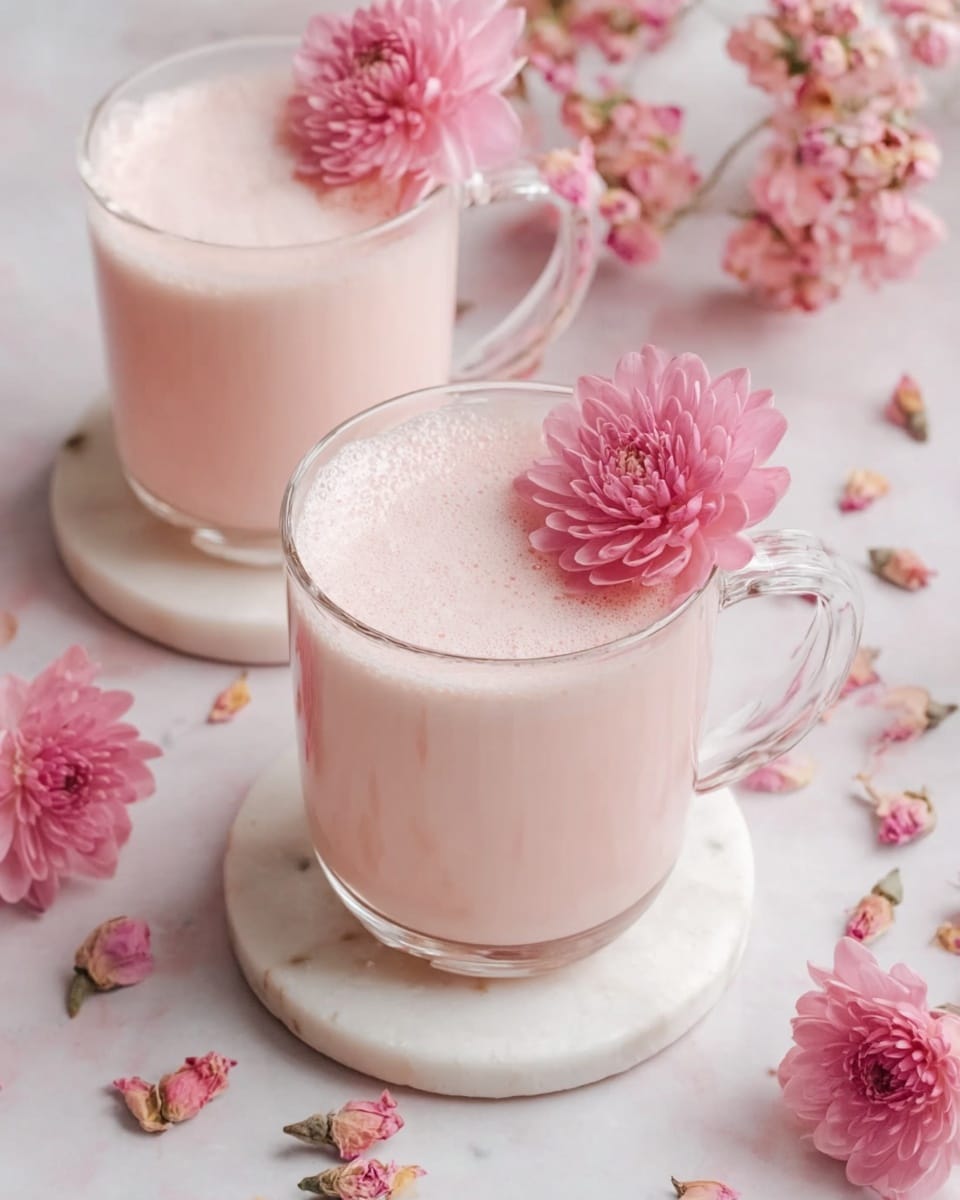 Two clear glass mugs filled with a pale pink creamy drink sit on round white marble coasters on a white marbled surface. Each mug is topped with a fresh, bright pink flower with delicate petals, matching the flowers scattered around the mugs. The drink has a smooth texture and fills the mugs almost to the rim. The surrounding area also shows small dried pink flower buds, adding softness and color contrast to the scene. The photo taken with an iphone --ar 4:5 --v 7