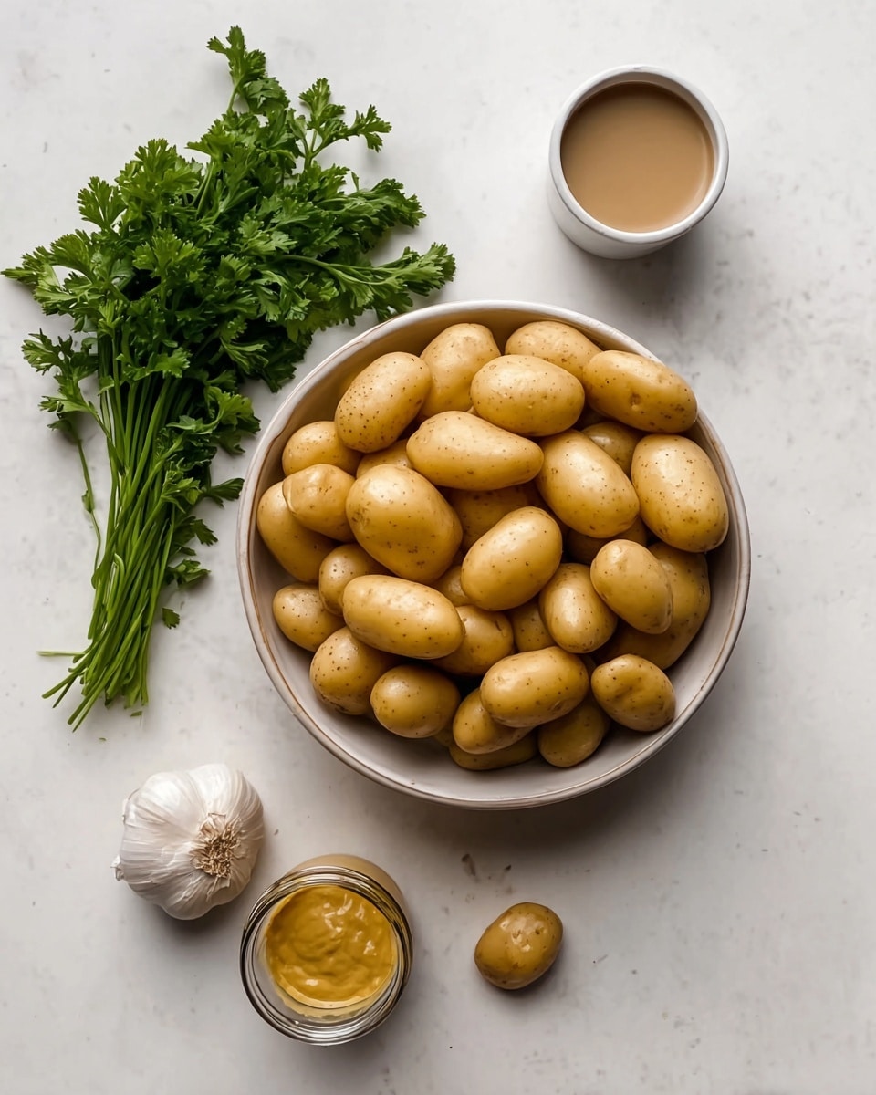 A white bowl filled with many small yellow potatoes, all smooth and oval-shaped, is placed on a white marbled surface. Above the bowl, a small white cup holds a light brown liquid, while below the bowl, a small clear glass jar contains a thick mustard-yellow sauce. To the left of the bowl, a bunch of fresh green parsley and a whole white garlic bulb lay on the surface. The image shows a simple, natural arrangement with no extra colors, all on a clean white marbled background. photo taken with an iphone --ar 4:5 --v 7