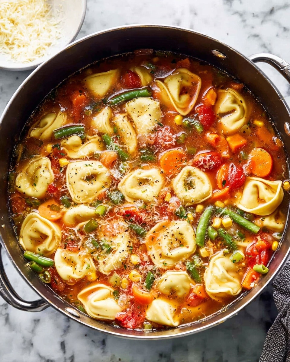 A large black pot filled with a warm soup containing many light yellow tortellini pasta pieces scattered throughout a clear, slightly reddish broth. Visible in the soup are diced orange carrots, small yellow corn kernels, bright green beans, and chunks of red tomatoes. The broth has small flecks of herbs and seasonings floating on top. There is a light sprinkle of grated cheese melting slightly over the pasta. The pot is placed on a white marbled surface, with a glimpse of white dishware nearby. photo taken with an iphone --ar 4:5 --v 7