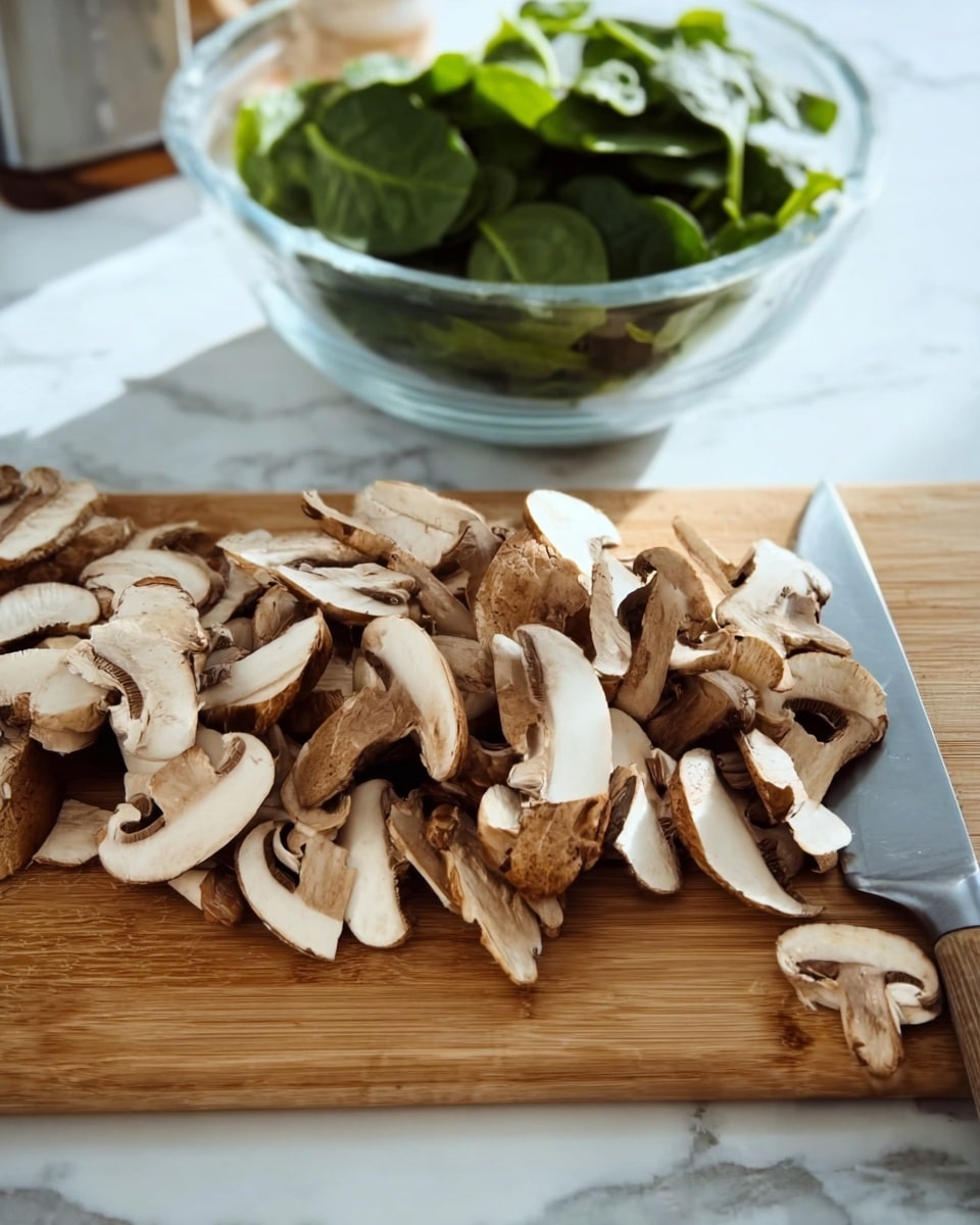 A wooden cutting board with many sliced brown and white mushrooms spread out across it. Behind the mushrooms, a knife with a gray handle lies flat on the board. In the background, there is a clear glass bowl filled with fresh green spinach leaves, all set on a white marbled surface. photo taken with an iphone --ar 4:5 --v 7