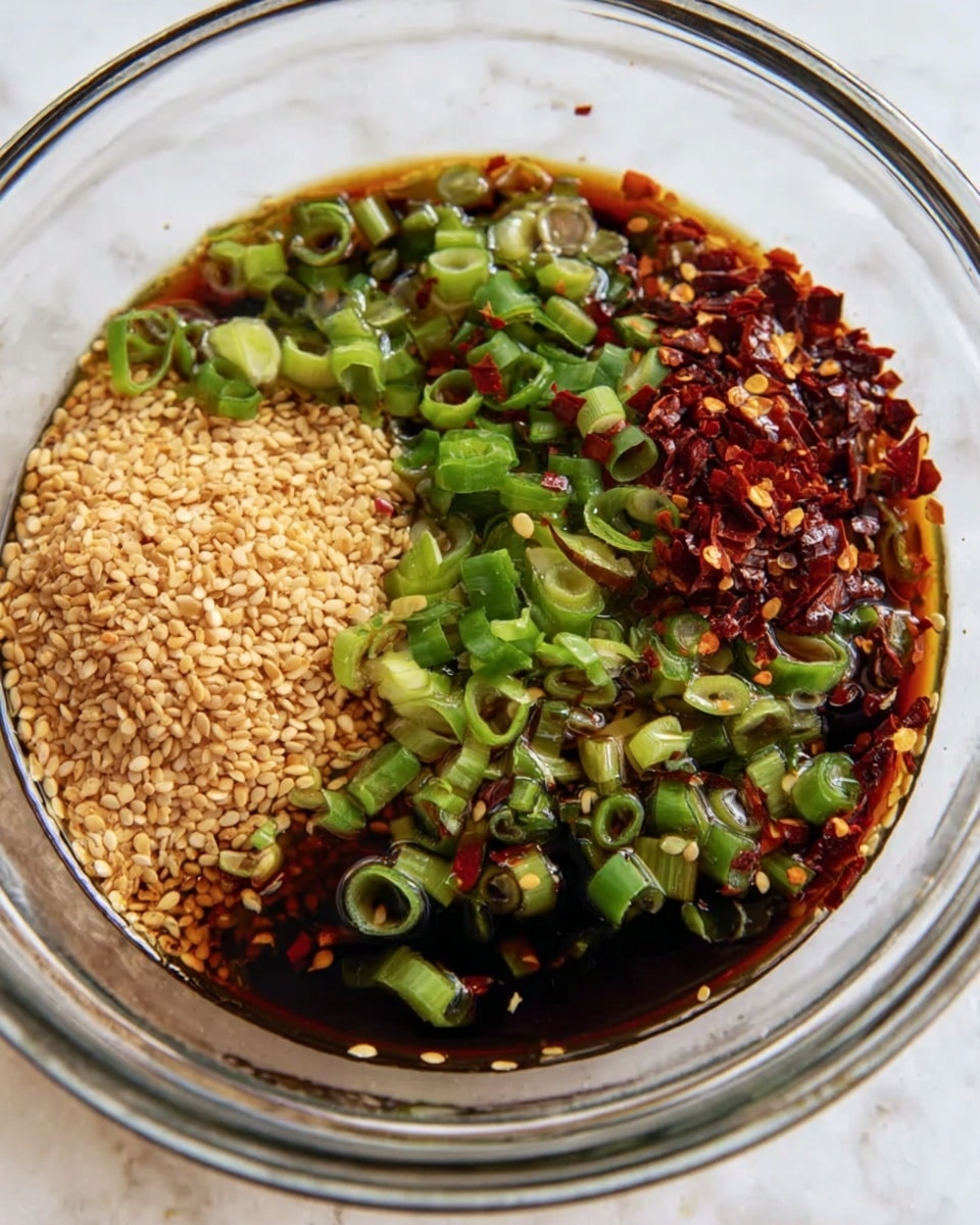 A clear glass bowl filled with a dark soy sauce base, covering the bottom layer. On top of the sauce is a layer of golden sesame seeds spread evenly to one side, bright green sliced scallions scattered mainly in the center, and deep red chili flakes piled along the edge. The colors contrast sharply against the white marbled surface beneath the bowl. The overall texture in the bowl appears smooth with small bits floating, and the bowl takes up most of the image with a close-up view. Photo taken with an iphone --ar 4:5 --v 7