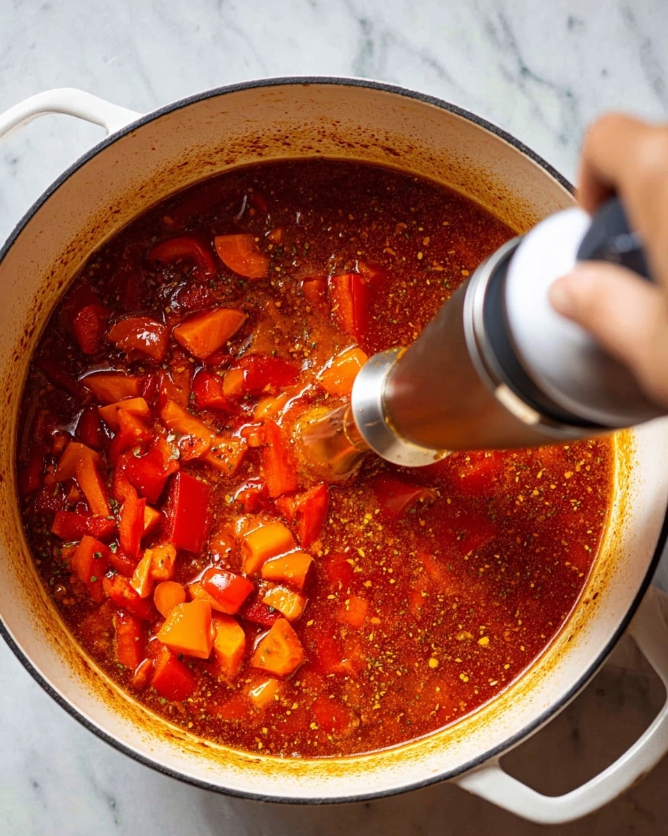 A close view of a white pot filled with a thick, reddish soup containing bright orange carrot pieces and chunks of red bell pepper. The soup has a shiny oily surface with visible flecks of spices. A woman's hand is holding a silver immersion blender that is blending the ingredients into the soup, creating a textured mix of liquid and soft vegetable pieces. The pot sits on a white marbled surface. photo taken with an iphone --ar 4:5 --v 7