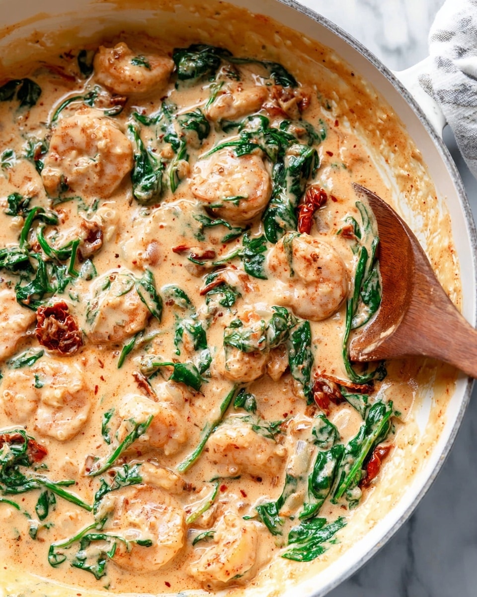 A close-up of a white pan filled with a creamy, light orange sauce mixed with shrimp, bright green spinach leaves, and small pieces of sun-dried tomatoes. The sauce looks thick and smooth, coating all ingredients evenly. The shrimp are pinkish with a slight texture, while the spinach adds fresh green color, and the sun-dried tomatoes add specks of dark red. A wooden spoon rests inside the pan to the right side, partially covered in the creamy sauce. The background is a white marbled texture photo taken with an iphone --ar 4:5 --v 7