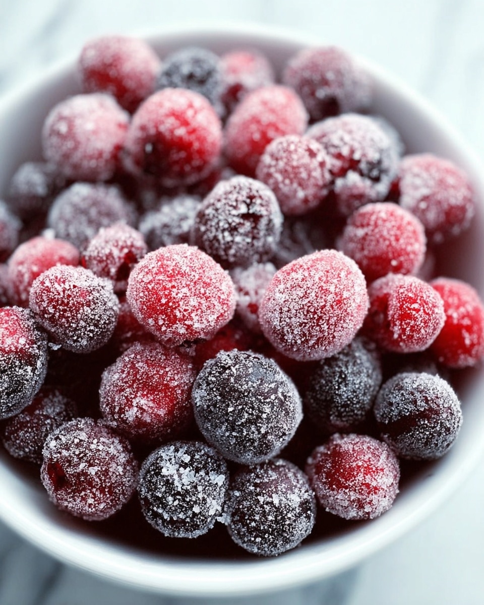 A close-up view of a white bowl filled with a single layer of bright red and dark purple berries covered in a fine layer of white sugar crystals, creating a frosty and textured look, resting on a white marbled surface. Photo taken with an iphone --ar 4:5 --v 7