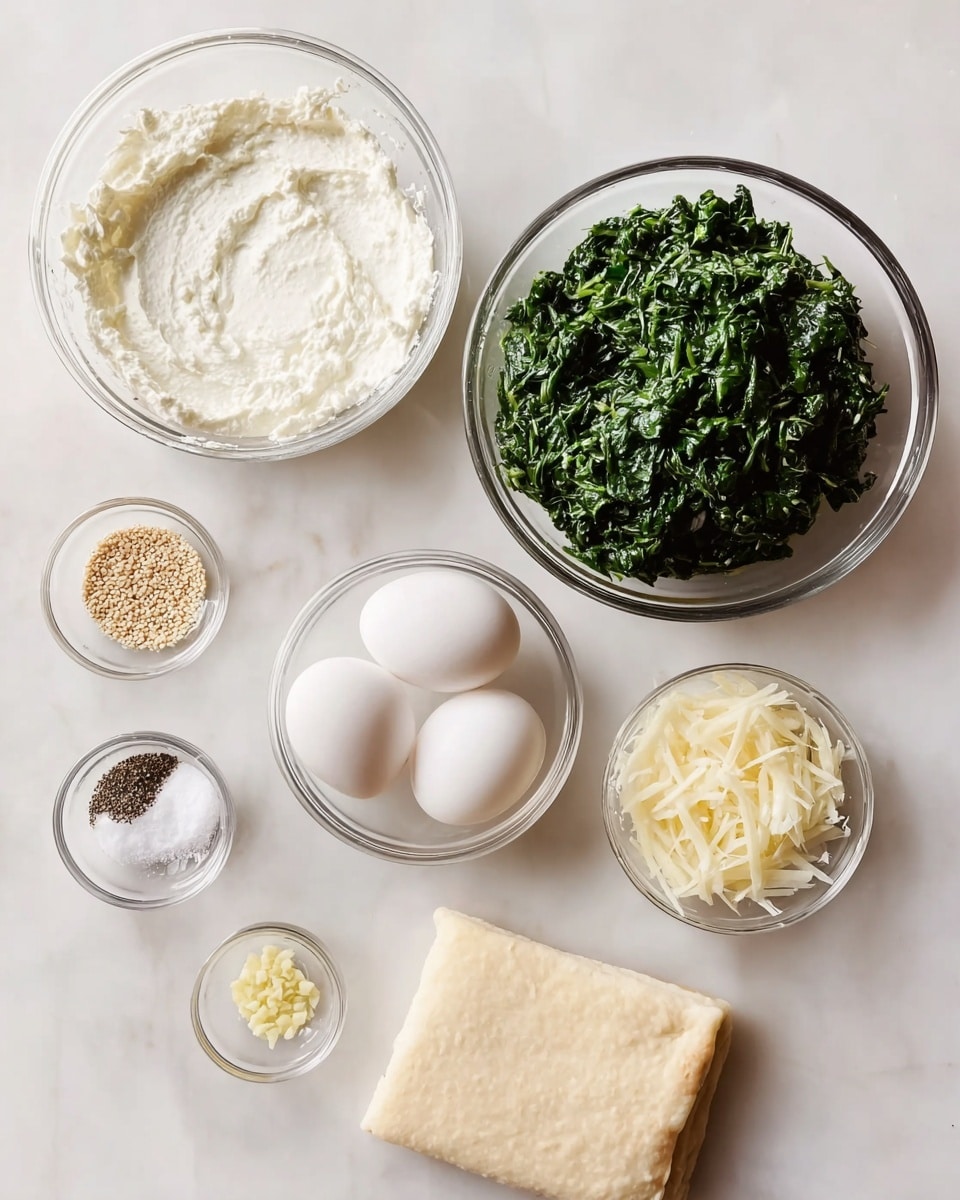 A top-down view shows several clear glass bowls arranged on a white marbled surface. The largest bowl in the top left contains a thick, white creamy mixture with a smooth, slightly uneven texture. Below it, a similarly sized bowl is filled with finely chopped dark green spinach, moist and leafy. To the right of the spinach bowl, a small bowl holds two white eggs, smooth and round. Above the eggs, another small bowl contains light brown sesame seeds, small and round. Next to the sesame seeds, a tiny bowl has light yellow minced garlic, finely chopped. To the left of the spinach bowl, a small bowl contains a mix of black pepper and white salt, granular and fine. Below the pepper bowl, another small bowl holds thin, pale yellow shaved cheese pieces. On the bottom right lies a rectangular piece of beige dough or puff pastry with a slightly rough texture. The entire setup is bright and clean, with natural light highlighting the fresh ingredients, photo taken with an iphone --ar 4:5 --v 7