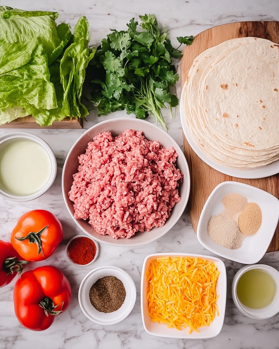 The image shows a variety of fresh ingredients laid out on a white marbled surface. In the center, there is a white bowl filled with pink raw ground meat. To the right, a white plate holds a stack of soft, light brown tortillas. Below the meat, a white square bowl contains bright orange shredded cheese. Around these main items are smaller white bowls with spices: a dark brown spice, a pale brown spice, and a small amount of red spice. Also visible are two small white bowls holding a light green liquid and a thick white sauce. Fresh vegetables, including green leafy lettuce, bunches of green cilantro, and three red tomatoes, are arranged to the left on a wooden cutting board. The colors are natural and fresh with a clear focus on the separate ingredients before cooking. Photo taken with an iphone --ar 4:5 --v 7