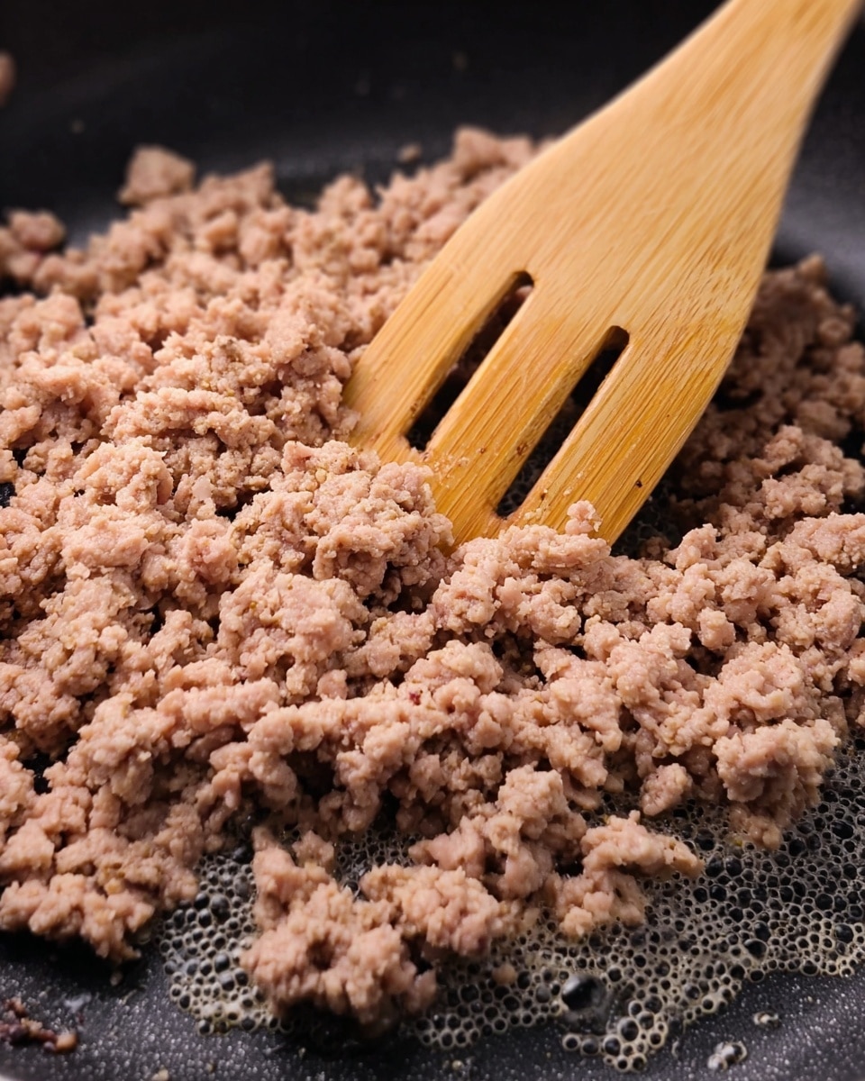 The image shows a frying pan filled with cooked ground meat that has a light brown color and crumbly texture, with small bubbles of cooking liquid visible around the meat. A wooden slotted spoon rests on top of the meat, its smooth surface and light wood color contrasting with the darker pan and meat. The frying pan has a dark surface that highlights the texture of the meat and spoon. The scene is simple with focus on the cooking process. Photo taken with an iphone --ar 4:5 --v 7