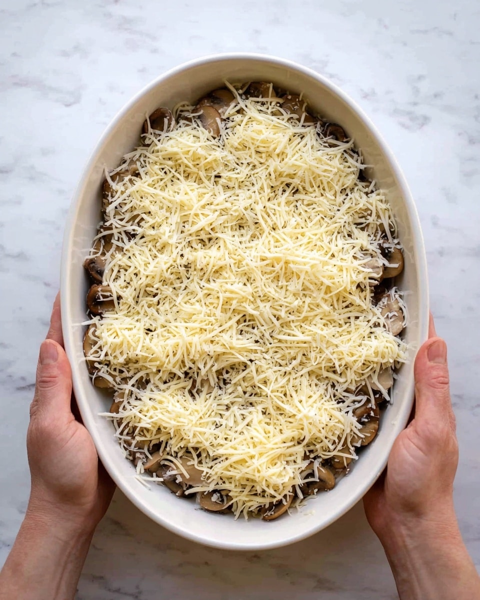 An oval white baking dish is held by two woman's hands on a white marbled surface. Inside the dish, the bottom layer consists of cooked brown mushrooms that are soft and slightly shiny. The mushrooms are evenly spread out, covering the whole base of the dish. On top of the mushrooms, there is a thick, even layer of shredded pale yellow cheese scattered generously, creating a textured surface with fine strands of cheese covering the mushrooms. The cheese layer is dense but allows some of the mushrooms to be seen through it. Photo taken with an iphone --ar 4:5 --v 7