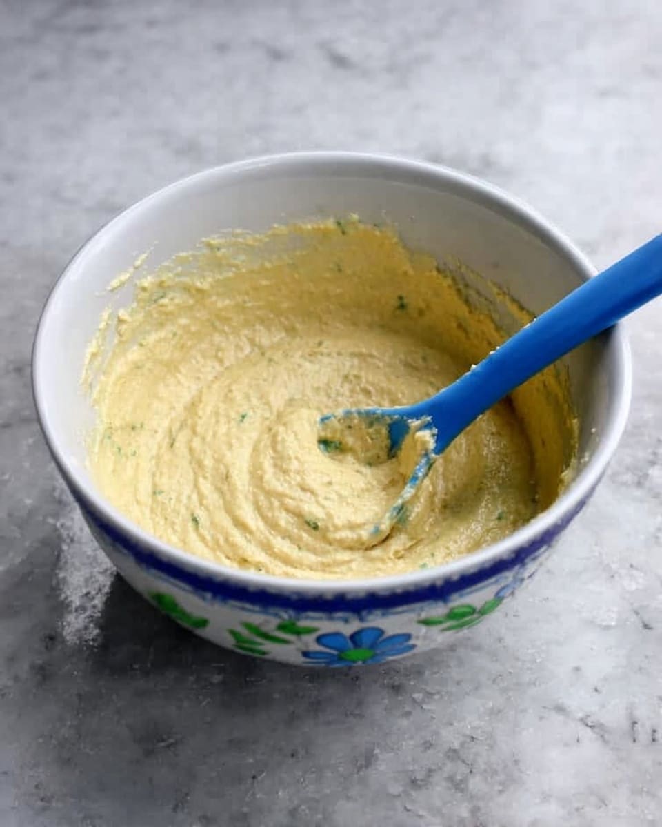 A white bowl with light blue and green flower designs on the outside holds a creamy, light yellow batter with a smooth and slightly thick texture. A blue mixing spoon is resting inside the bowl, partially covered with the batter. The bowl is placed on a white marbled surface. photo taken with an iphone --ar 4:5 --v 7