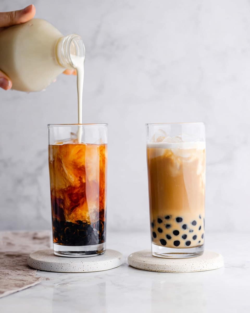 There are two tall clear glasses on white round coasters placed on a white marbled surface. The glass on the left has black tapioca pearls at the bottom, a layer of amber tea above the pearls, and a splash of creamy white milk being poured from a beige bottle held by a woman's hand, creating a swirling effect. The glass on the right contains a fully mixed drink with a light brown color and black tapioca pearls settled at the bottom. The background is a white marbled texture. photo taken with an iphone --ar 4:5 --v 7