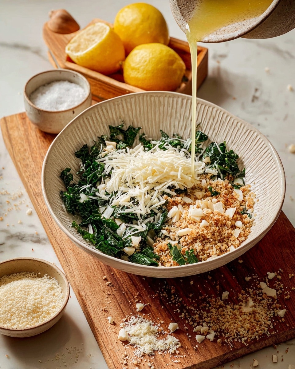 A white bowl with a textured pattern holds three main layers: a base of dark green chopped kale leaves, a pile of finely shredded white cheese in the top center, and a heap of coarse light brown bread crumbs with some white pieces in the bottom right. A transparent yellow dressing is being poured from the right side over the kale and breadcrumbs. In the background, a wooden board sits on a white marbled surface, with a wooden lemon squeezer holding two halved yellow lemons at the top, a small ceramic bowl filled with coarse white salt on the left, and another small bowl with more breadcrumbs at the bottom left. Some crumbs and salt are scattered on the wooden board. Photo taken with an iphone --ar 4:5 --v 7