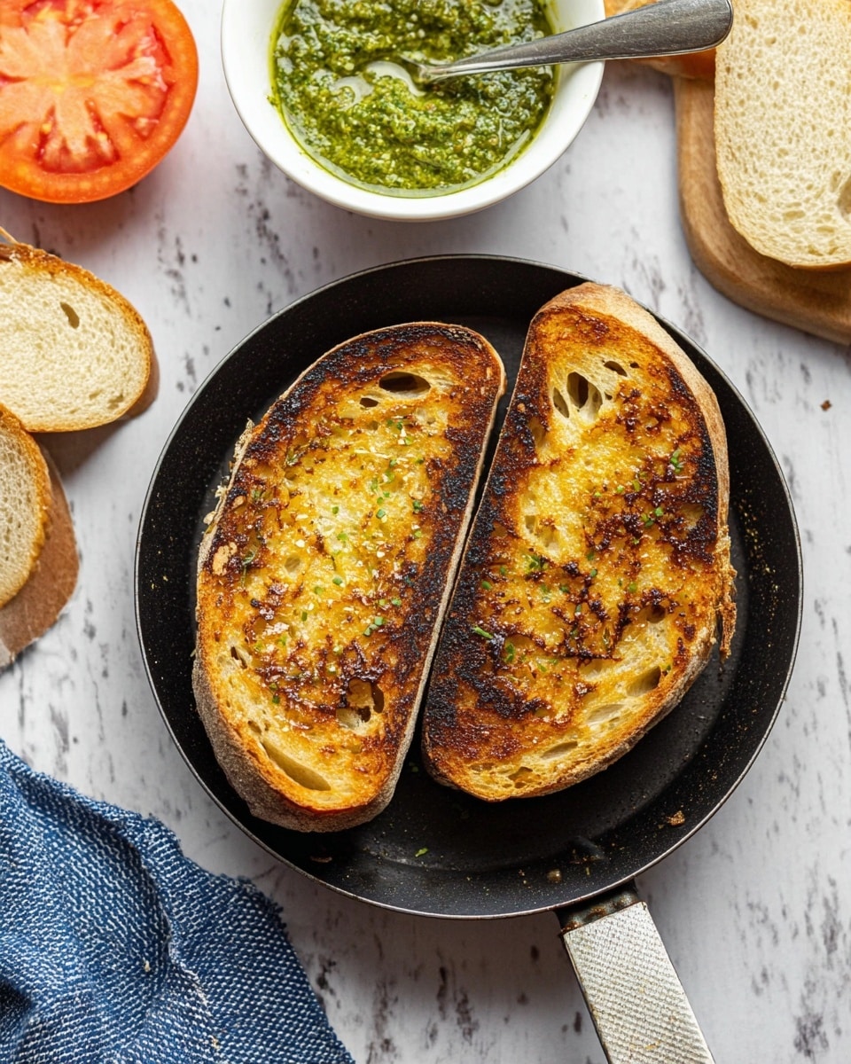 There are two toasted sandwich halves on a black pan with a handle, placed on a white marbled surface. Each sandwich has a golden brown, crispy crust with some darker toasted spots, showing a mix of light and darker shades of brown. The bread is rustic with large holes and a crunchy texture. A white bowl with a spoon holds green pesto sauce, showing a chunky texture, placed above the pan. Around the pan, there is a white marbled surface with a sliced tomato and some slices of plain bread on the side. A blue and white textured cloth is near the pan handle. Photo taken with an iphone --ar 4:5 --v 7