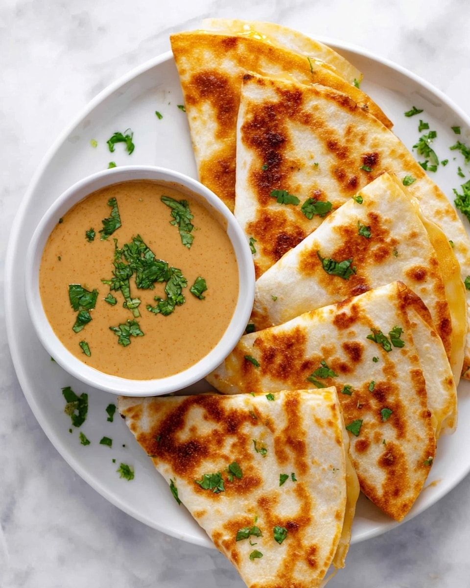 A white plate on a white marbled surface holds six golden-brown quesadilla wedges arranged in a fan shape, showing lightly toasted surfaces with patches of deeper brown and a soft creamy interior. On the top left of the plate, a small white bowl is filled with a smooth, thick, light brown dipping sauce, garnished with fresh green chopped cilantro leaves. Small scattered bits of cilantro also decorate the quesadilla wedges and the plate around them. The photo was taken with an iphone --ar 4:5 --v 7