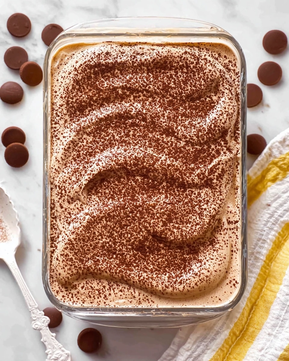 A rectangular glass baking dish holds a creamy dessert with two visible layers: a smooth, light brown mousse-like top layer evenly dusted with fine dark brown cocoa powder, and beneath it, a soft base layer in a slightly darker shade, not fully visible but noticeable at the edges. The surface of the mousse is gently swirled in places, creating soft peaks and curves. Around the dish on a white marbled surface, there are scattered round milk chocolate disks, a white spoon with delicate patterns on the handle, and a white cloth with yellow and gray stripes. Photo taken with an iphone --ar 4:5 --v 7