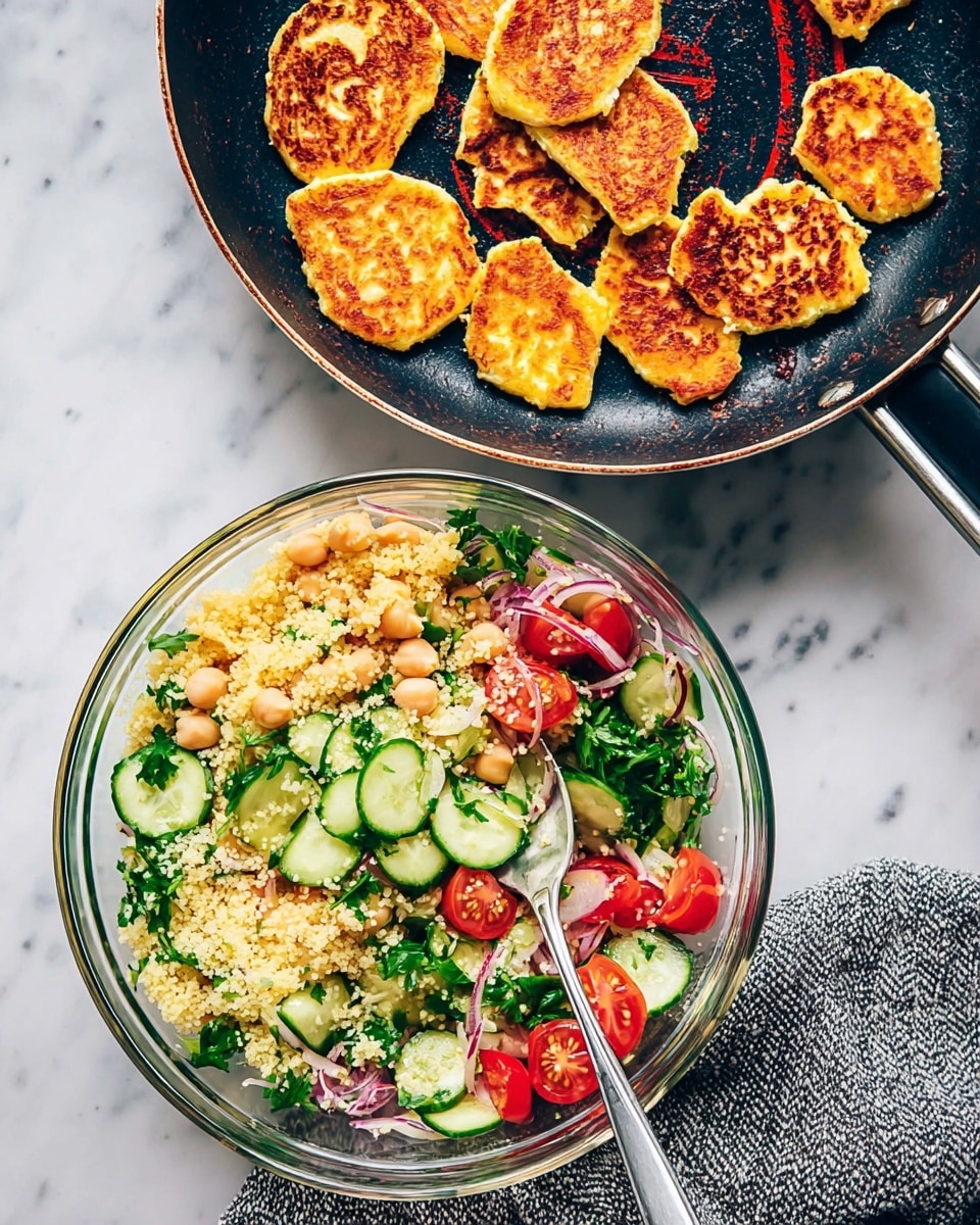 A clear glass bowl on a white marbled surface holds a colorful salad with layers that include a base of pale yellow couscous mixed with small beige chickpeas, bright green parsley leaves, green cucumber slices arranged on top, halved red cherry tomatoes scattered around, thin shiny strips of red onion, and small pieces of golden-brown fried cheese placed on top in the center; beside it, a black frying pan with a red heat spot shows several irregularly shaped, golden-brown fried cheese pieces cooking, resting on a gray knitted cloth; a silver spoon is inside the bowl, partially visible, adding shine and silver tone to the mix photo taken with an iphone --ar 4:5 --v 7