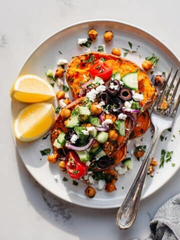 Mediterranean Sweet Potatoes with Roasted Chickpeas and Fresh Salad Topping Recipe