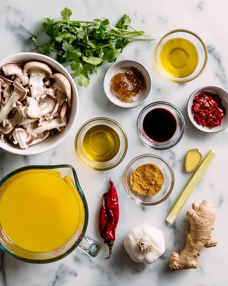 The image shows a flat lay of several cooking ingredients arranged neatly on a white marbled surface. At the bottom left is a large transparent measuring cup filled with bright yellow liquid, likely broth. Above it, towards the left, is a white bowl filled with sliced beige mushrooms. Next to it, at the top left corner, are fresh green cilantro leaves. There are small clear glass bowls with various ingredients: one with a light yellow oil liquid, one with dark red thick paste, one with a brown syrup-like liquid, one with golden brown granulated sugar, and one with bright yellow powder. To the right of the bowls are fresh root ginger, a bulb of white garlic, a pale yellow stalk of lemongrass, and a small whole red chili pepper. The setup is clean and organized, showing a variety of colors and textures on a soft white marbled background. photo taken with an iphone --ar 4:5 --v 7