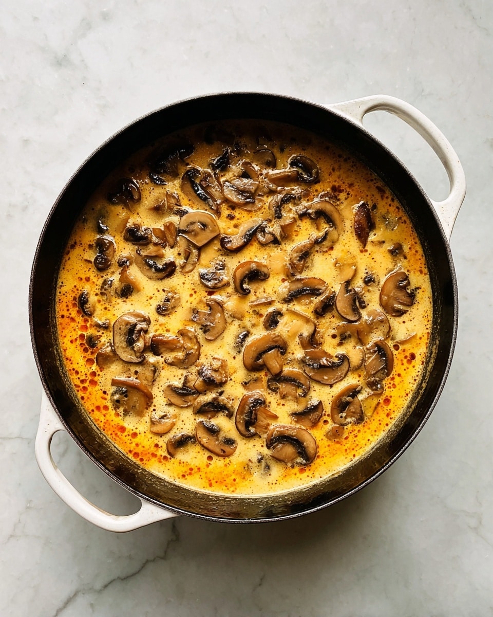 A black pot with white handles filled with a creamy sauce and sliced mushrooms on top, the sauce is golden yellow with a slightly oily, orange tint, with the mushrooms lightly browned and spread evenly across the surface. The pot is placed on a white marbled textured surface. photo taken with an iphone --ar 4:5 --v 7