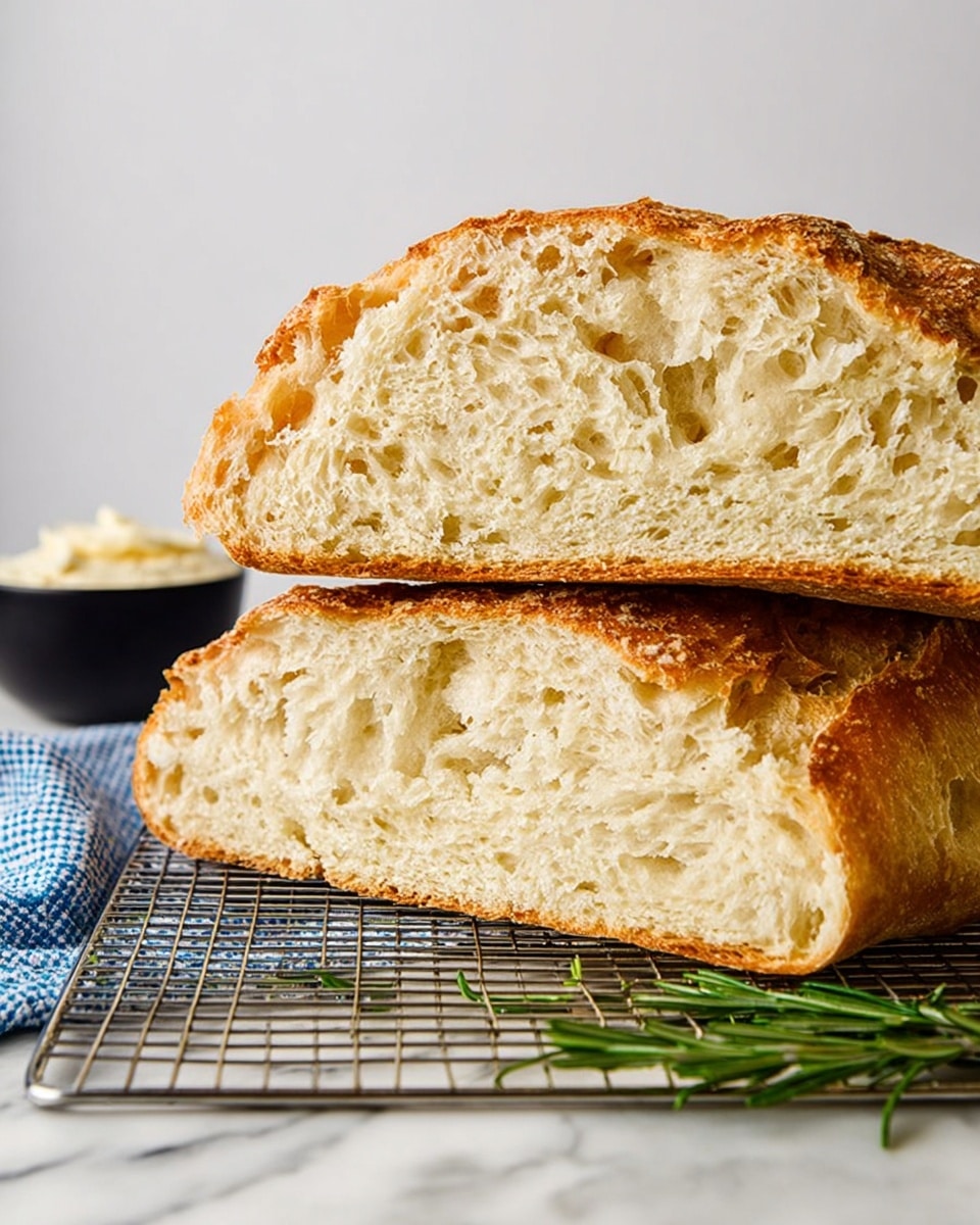 Two large slices of bread are stacked on a metal cooling rack placed on a white marbled surface. The bread has a light golden brown crust with a rough texture, and the inside is pale with a fluffy, soft, and porous texture. Behind the bread, there is a small black bowl with a creamy spread. A sprig of fresh green rosemary lies at the bottom on the white marbled surface in front of the bread. A blue and white checkered cloth is partially visible under the rack. The background is plain and white. Photo taken with an iphone --ar 4:5 --v 7